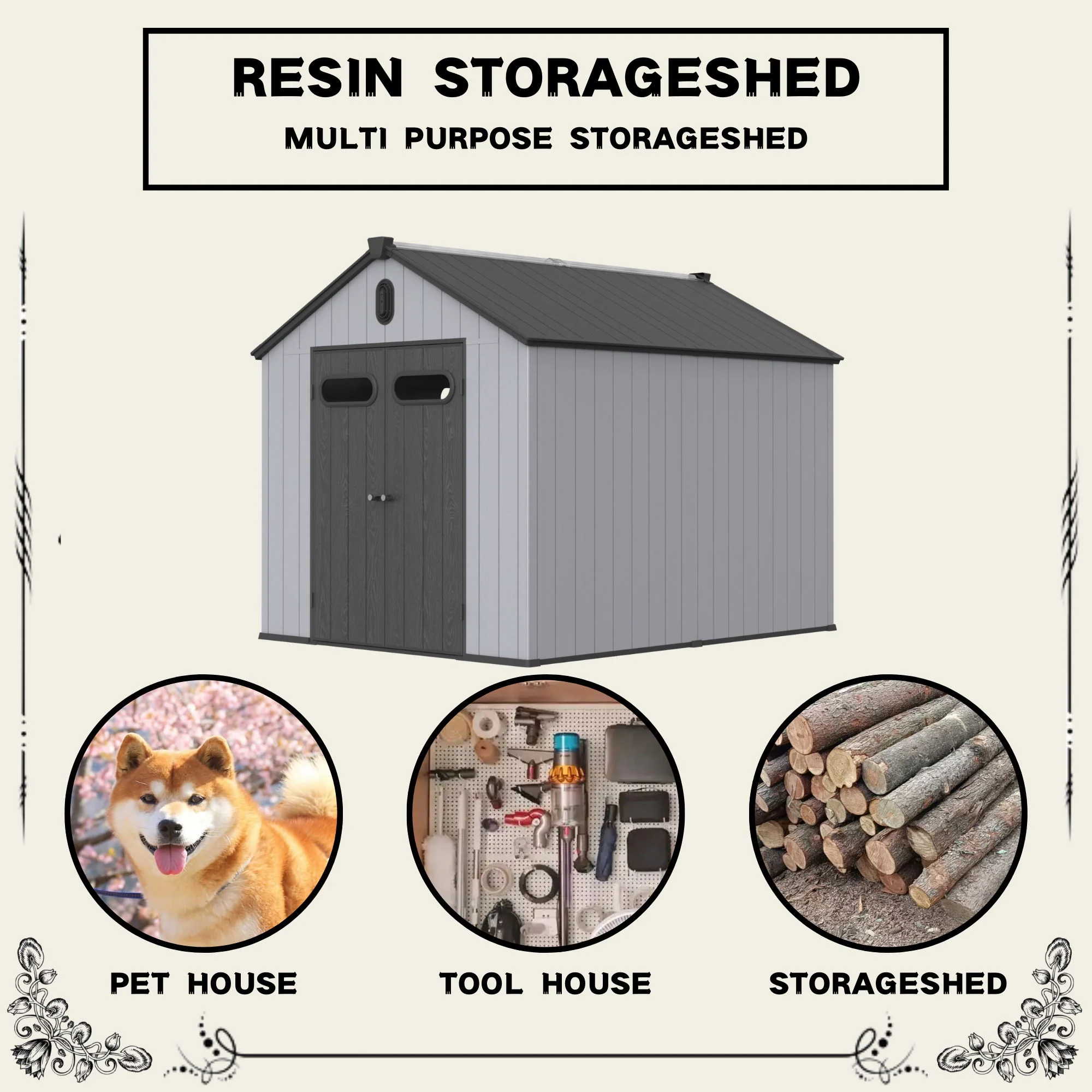 Outdoor Storage Shed Garden Building Spire Roof Resin Plastic 10x8ft Gray - Image 4