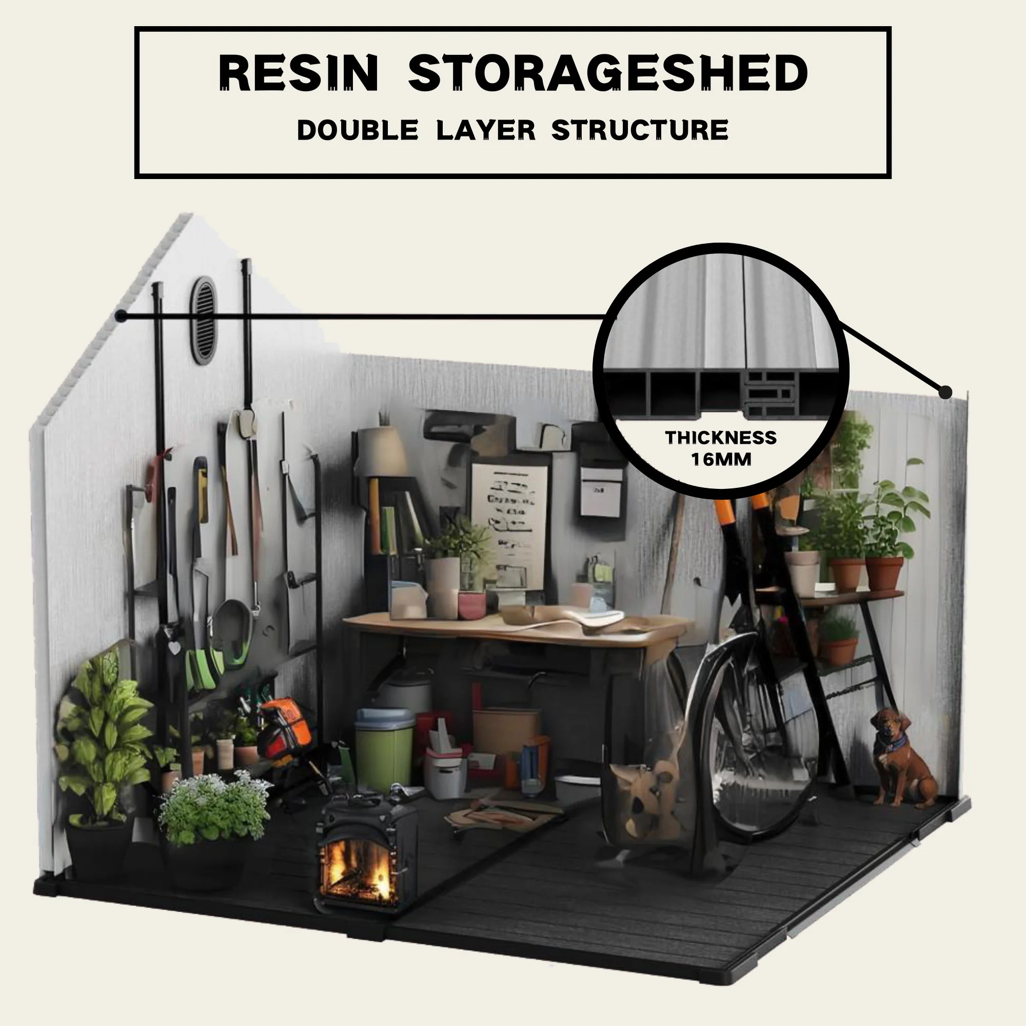 Outdoor Storage Shed Garden Building Spire Roof Resin Plastic 10x8ft Gray - Image 5