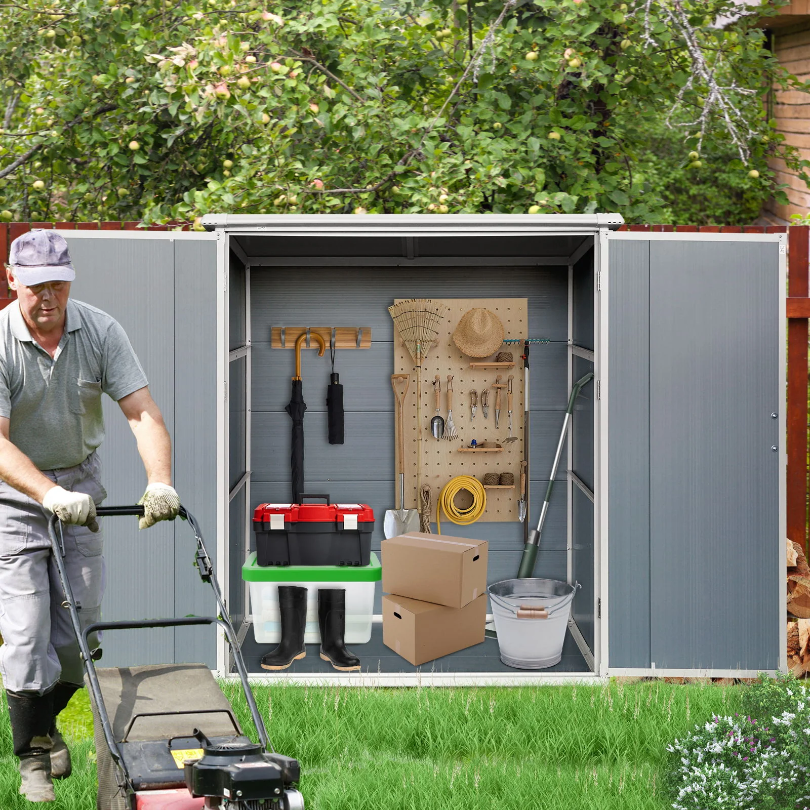 Outdoor Storage Shed Garden Building Waterproof Resin 61x69in Gray - Image 7