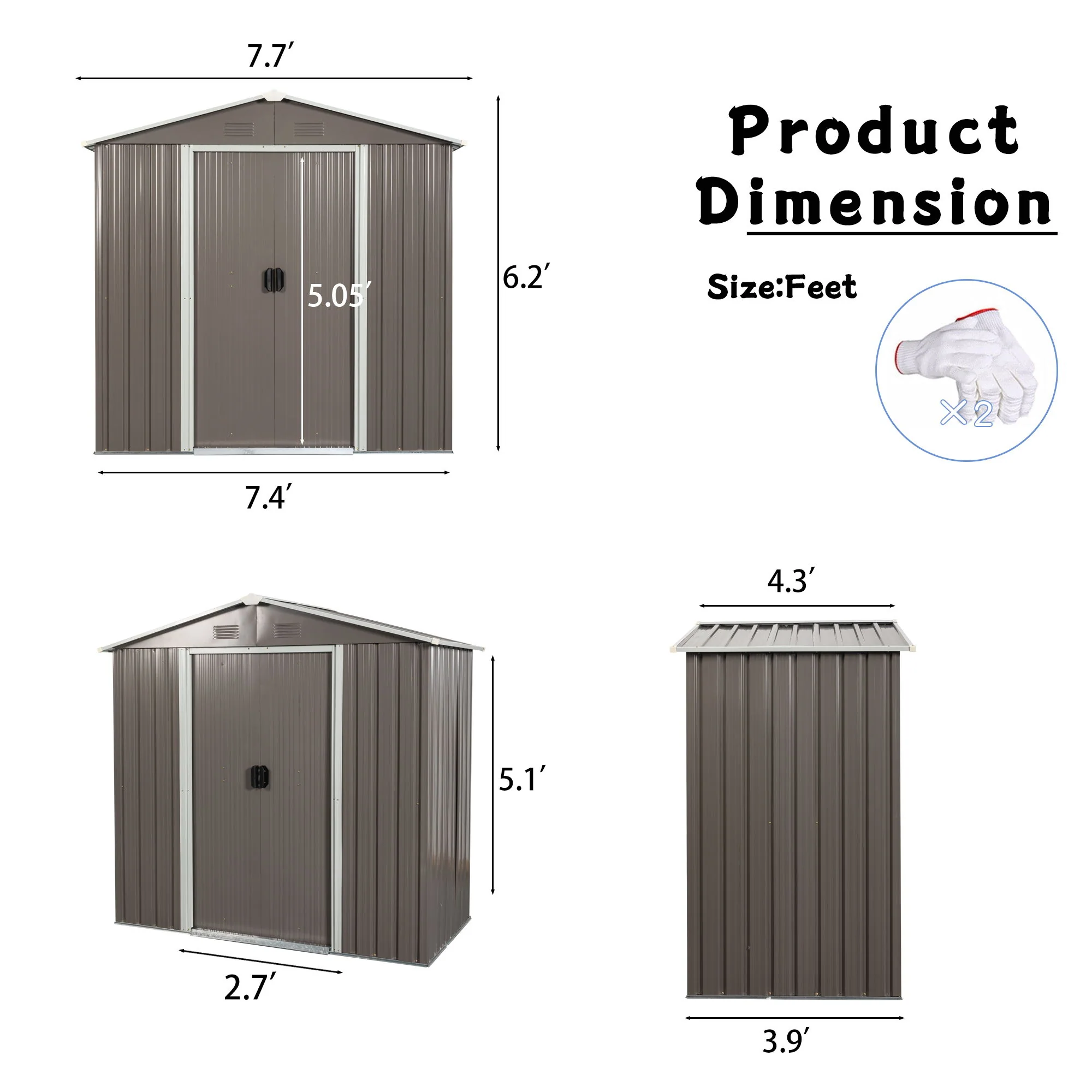 Outdoor Storage Shed Garden Building Weather Resistant Metal 8x4ft Gray - Image 8
