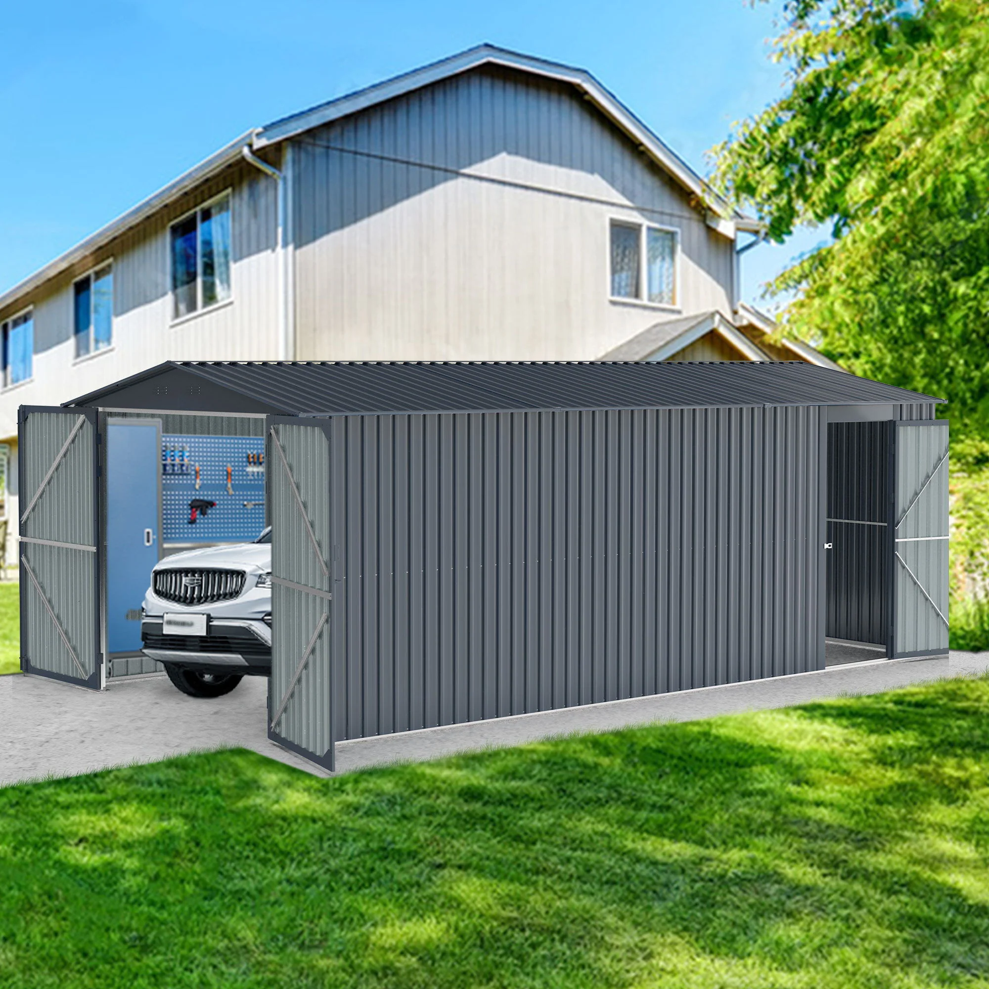Outdoor Storage Shed Metal Garage Building Heavy Duty Utility House Black - Image 15