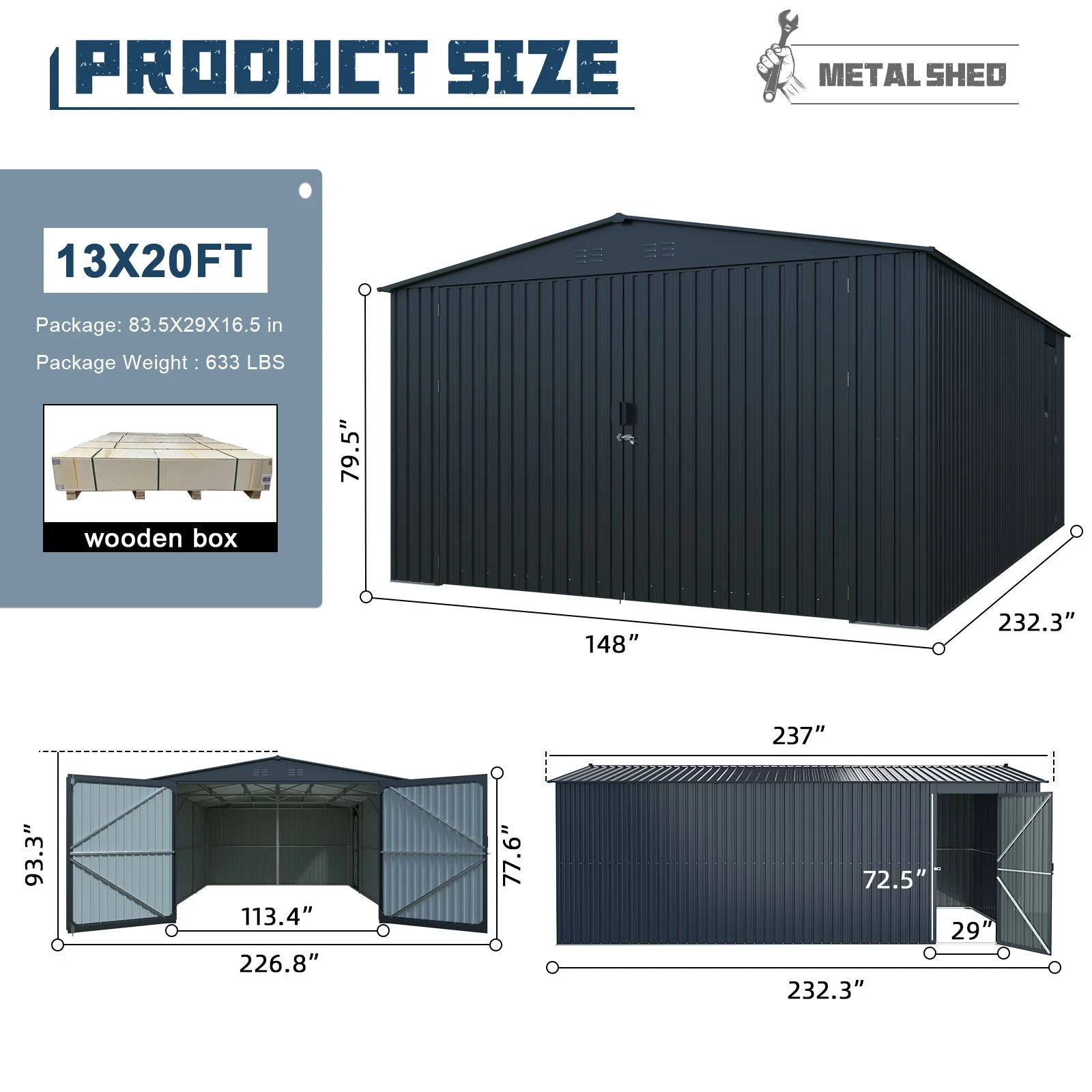 Outdoor Storage Shed Metal Garage Building Heavy Duty Utility House Black - Image 7