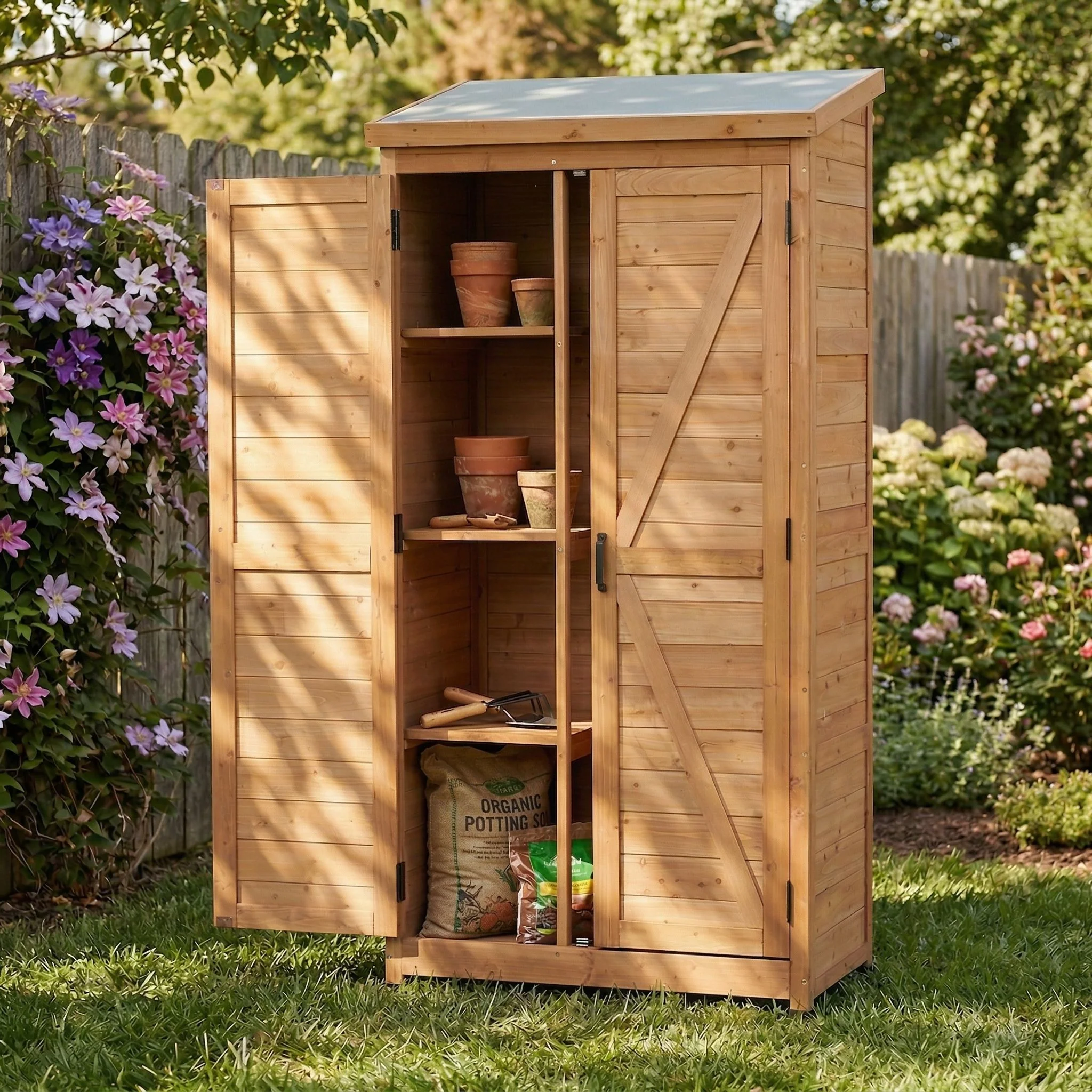 Outdoor Storage Shed With Top Tall Vertical Tool Cabinet - Gold - Image 9