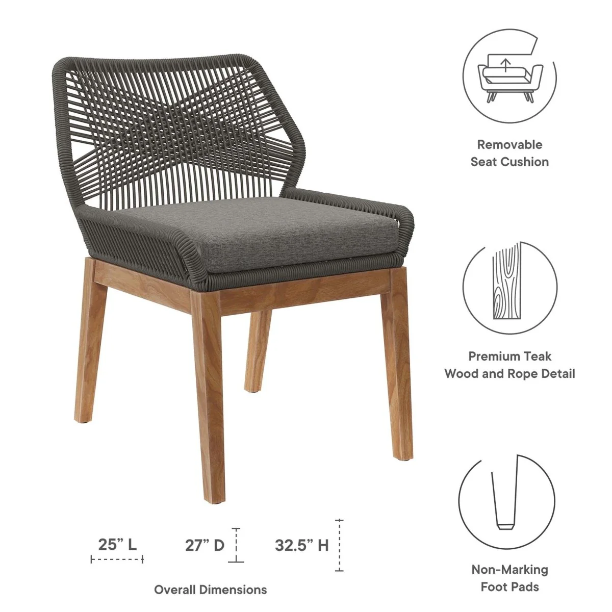 Outdoor Teak and Rope Patio Dining Chair with Cushion for Outdoor Dining Spaces - Image 9