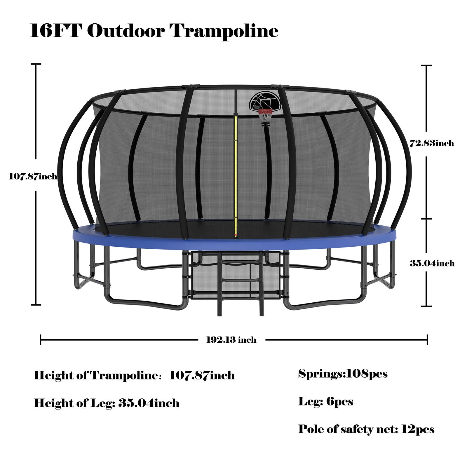 Outdoor Trampoline For Kids And Adults, Pumpkin Trampolines With Curved Poles, Heavy Duty Trampoline Anti-Rust Coating Astm Approval - Blue - Image 9