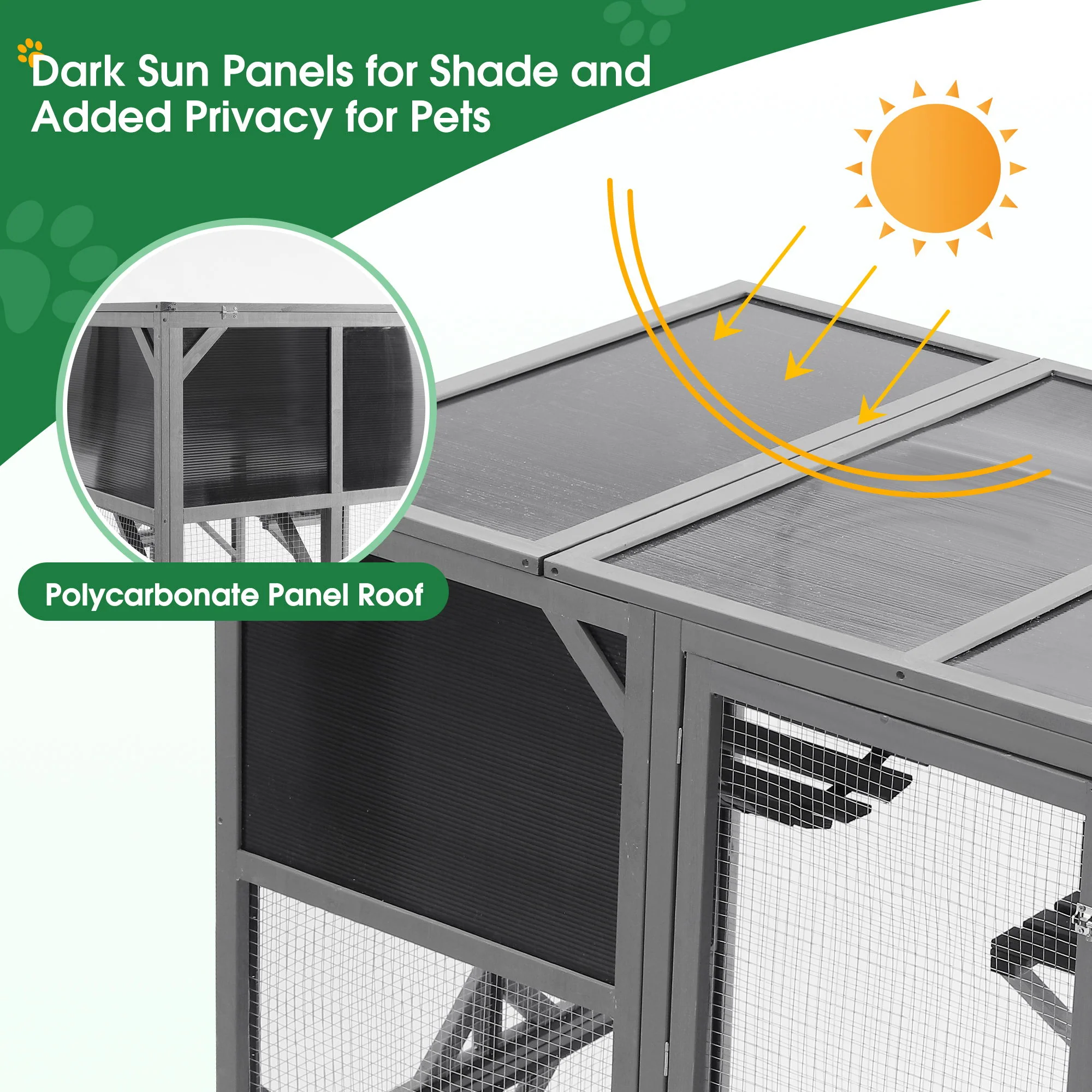 Outdoor Wooden Cat House Catio Enclosure With Super Large Enter Door Cat Kennel With Bouncy Bridge, Platforms And Small Houses Walk In Kitten Cage With Sunshine Board - Dark Gray - Image 3