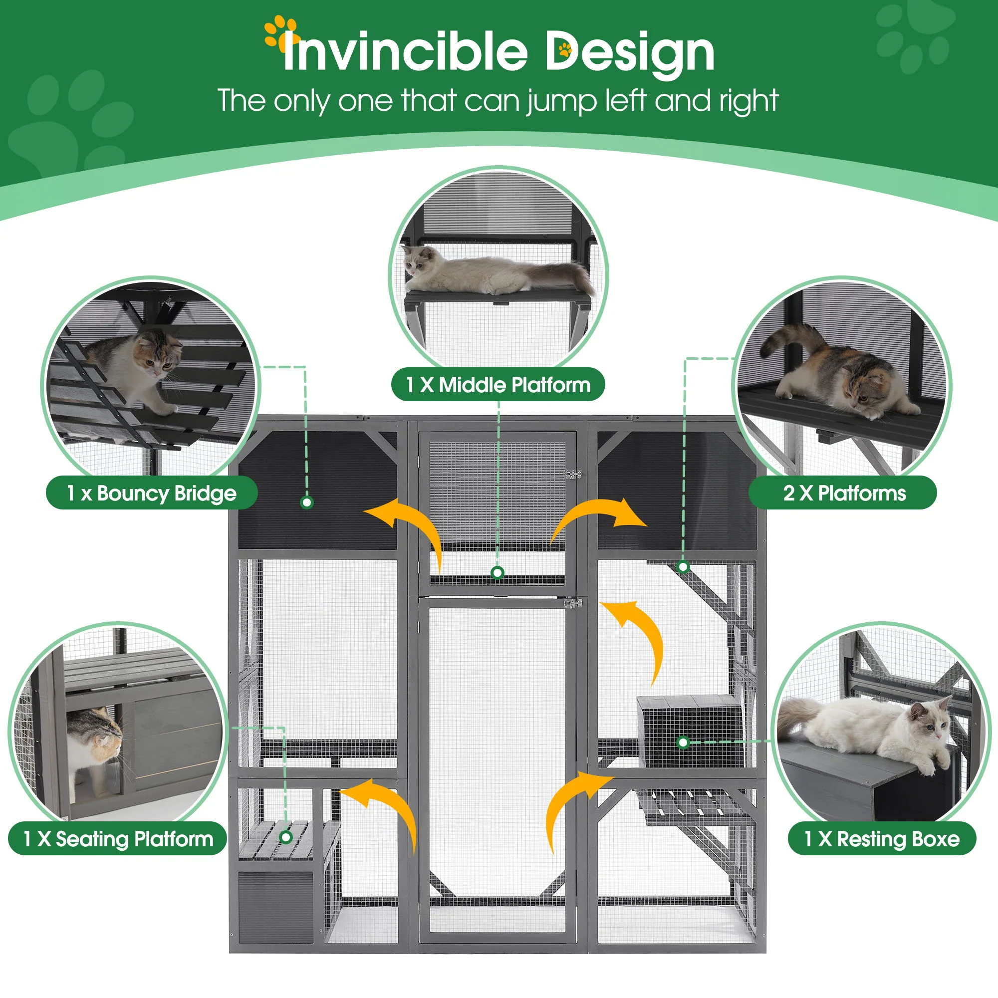 Outdoor Wooden Cat House Catio Enclosure With Super Large Enter Door Cat Kennel With Bouncy Bridge, Platforms And Small Houses Walk In Kitten Cage With Sunshine Board - Dark Gray - Image 4