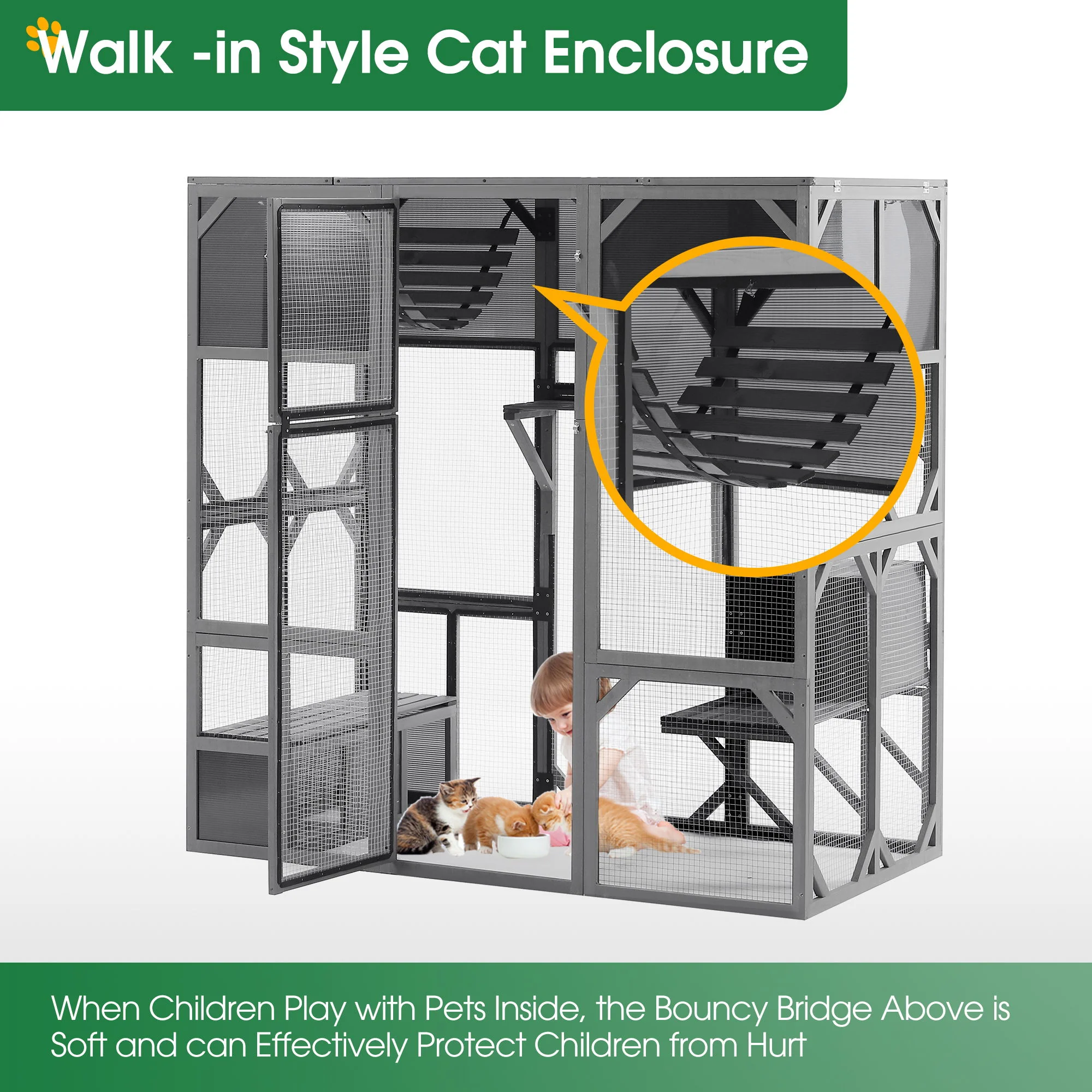 Outdoor Wooden Cat House Catio Enclosure With Super Large Enter Door Cat Kennel With Bouncy Bridge, Platforms And Small Houses Walk In Kitten Cage With Sunshine Board - Dark Gray - Image 6