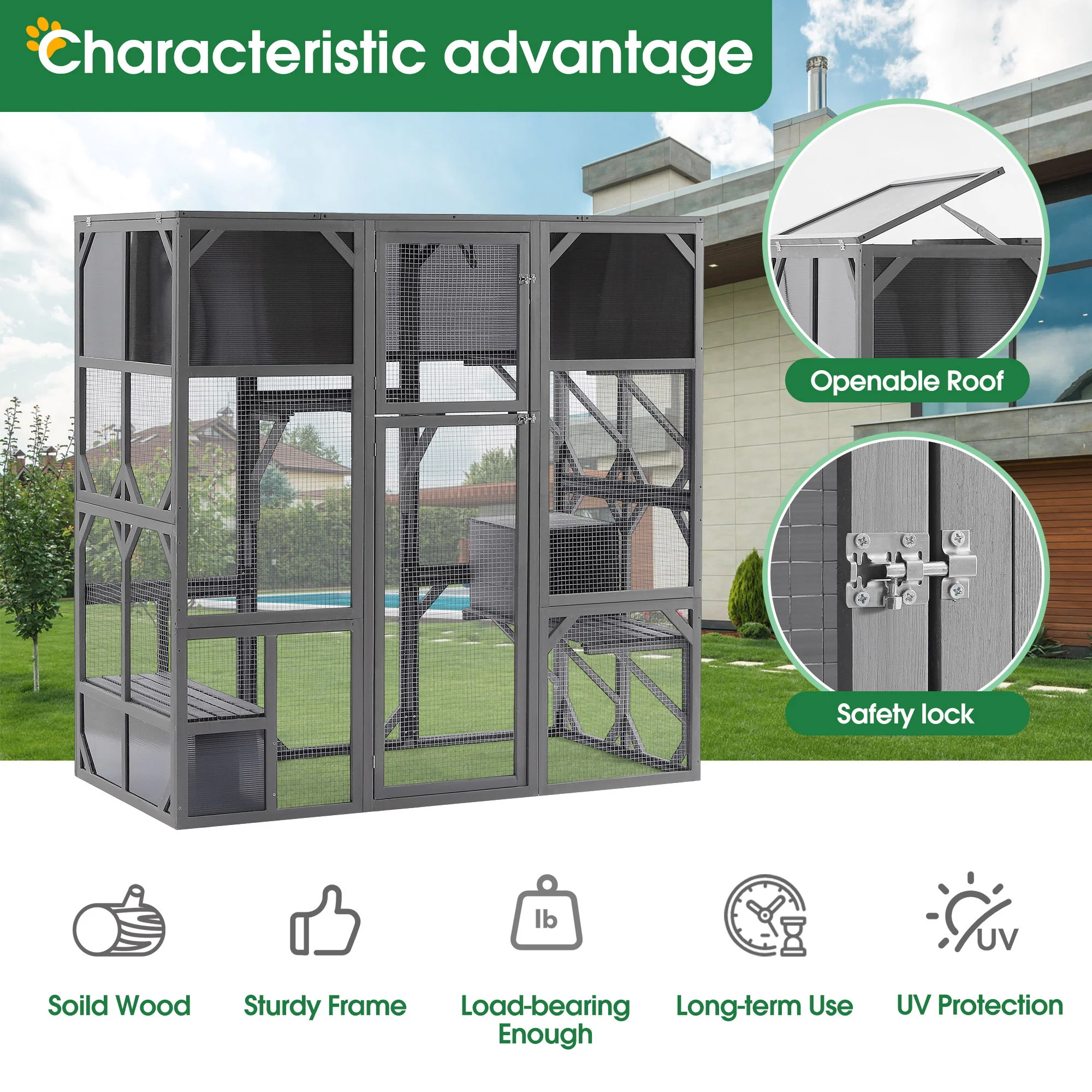 Outdoor Wooden Cat House Catio Enclosure With Super Large Enter Door Cat Kennel With Bouncy Bridge, Platforms And Small Houses Walk In Kitten Cage With Sunshine Board - Dark Gray - Image 7