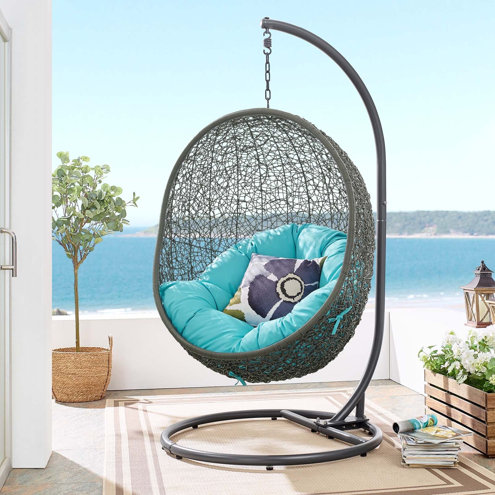 Outdoor Woven Hanging Swing Chair with Stand for Patio and Garden Seating - Image 88
