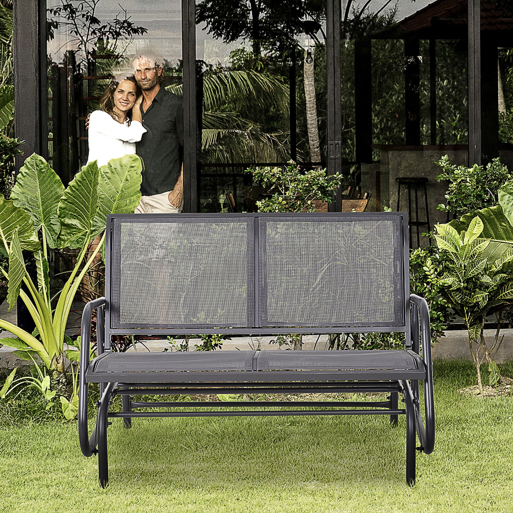 Outsunny - 2 Person Outdoor Glider Bench, Patio Double Swing Rocking Chair Loveseat With Powder Coated Steel Frame For Backyard Garden Porch - Gray - Image 4