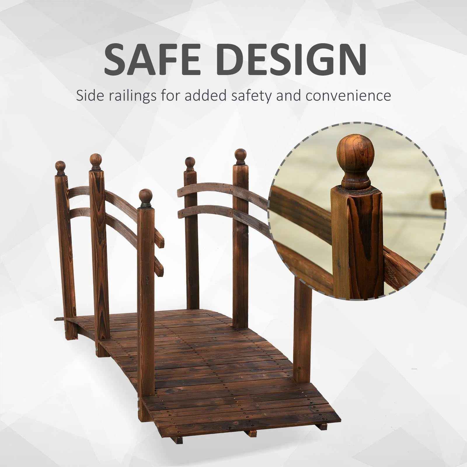 Outsunny - Fir Wood Garden Bridge Arc Walkway With Side Railings, Perfect For Backyards, Gardens, & Streams, Carbonized - Brown - Image 9