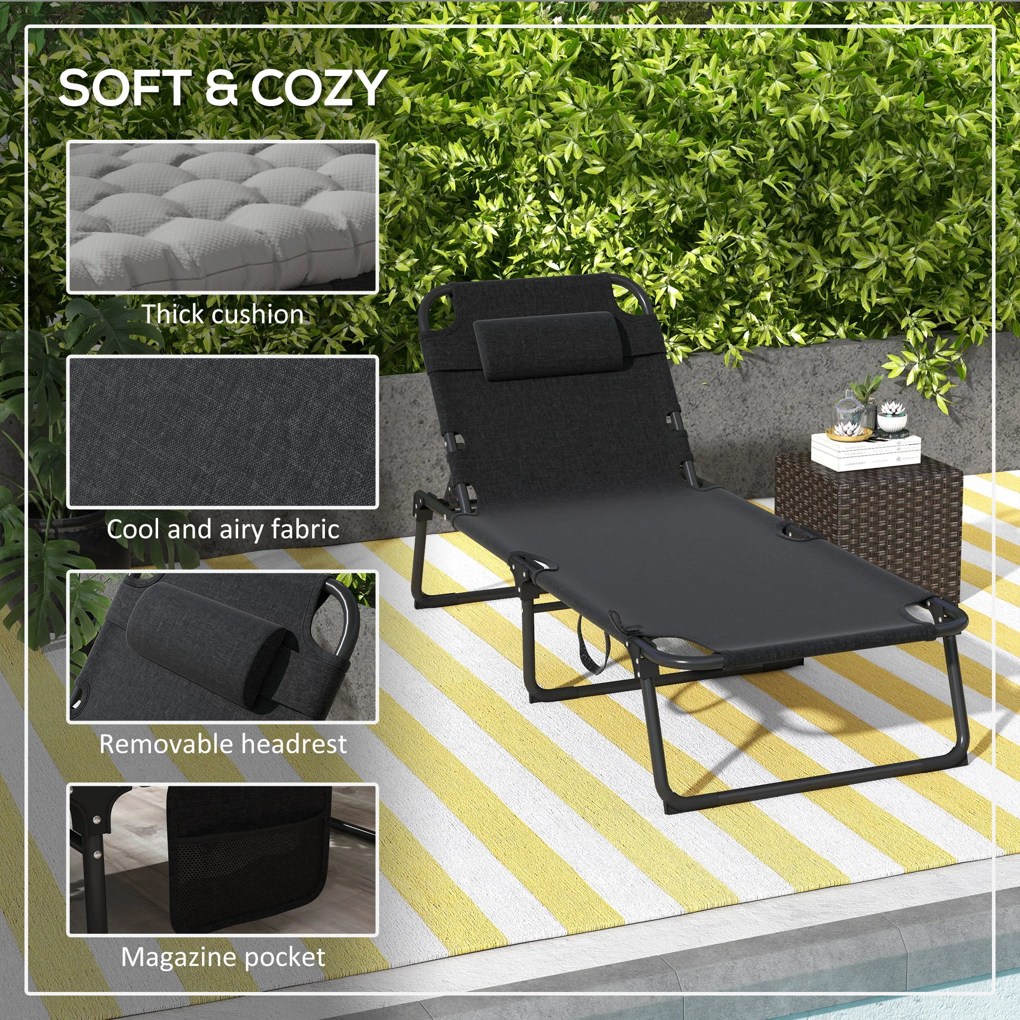 Outsunny - Outdoor Chaise, Adjustable Folding Chaise Lounge With 4-Position Backrest, Magazine Pocket, Removable Head Pillow, Sun Bathing Lounger Chair For Patio, Beach - Gray - Image 2
