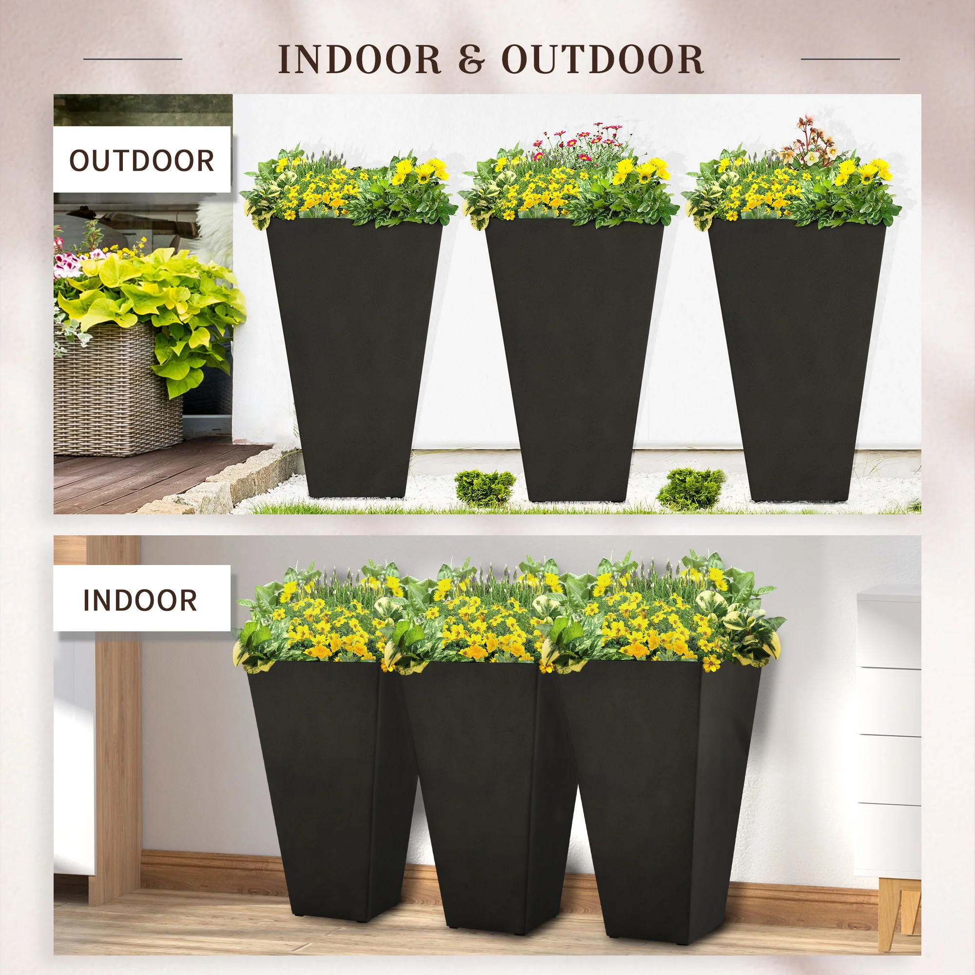 Outsunny - Outdoor Planters (Set of 3) Large Taper Planters With Drainage Holes And Plug, Faux Wood Plastic Flower Pots For Outdoor, Indoor, Garden, Patio - Image 11