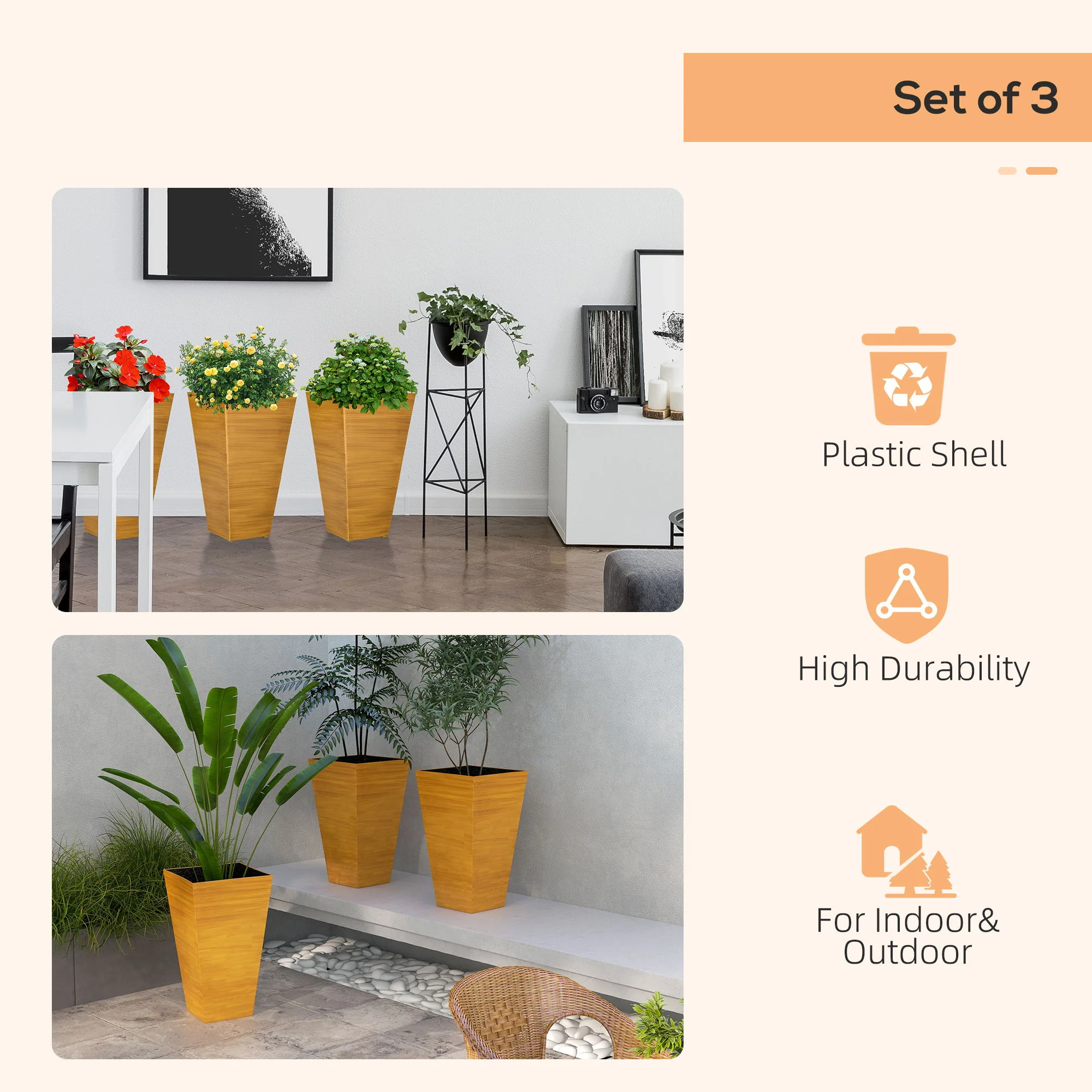 Outsunny - Outdoor Planters (Set of 3) Large Taper Planters With Drainage Holes And Plug, Faux Wood Plastic Flower Pots For Outdoor, Indoor, Garden, Patio - Image 13