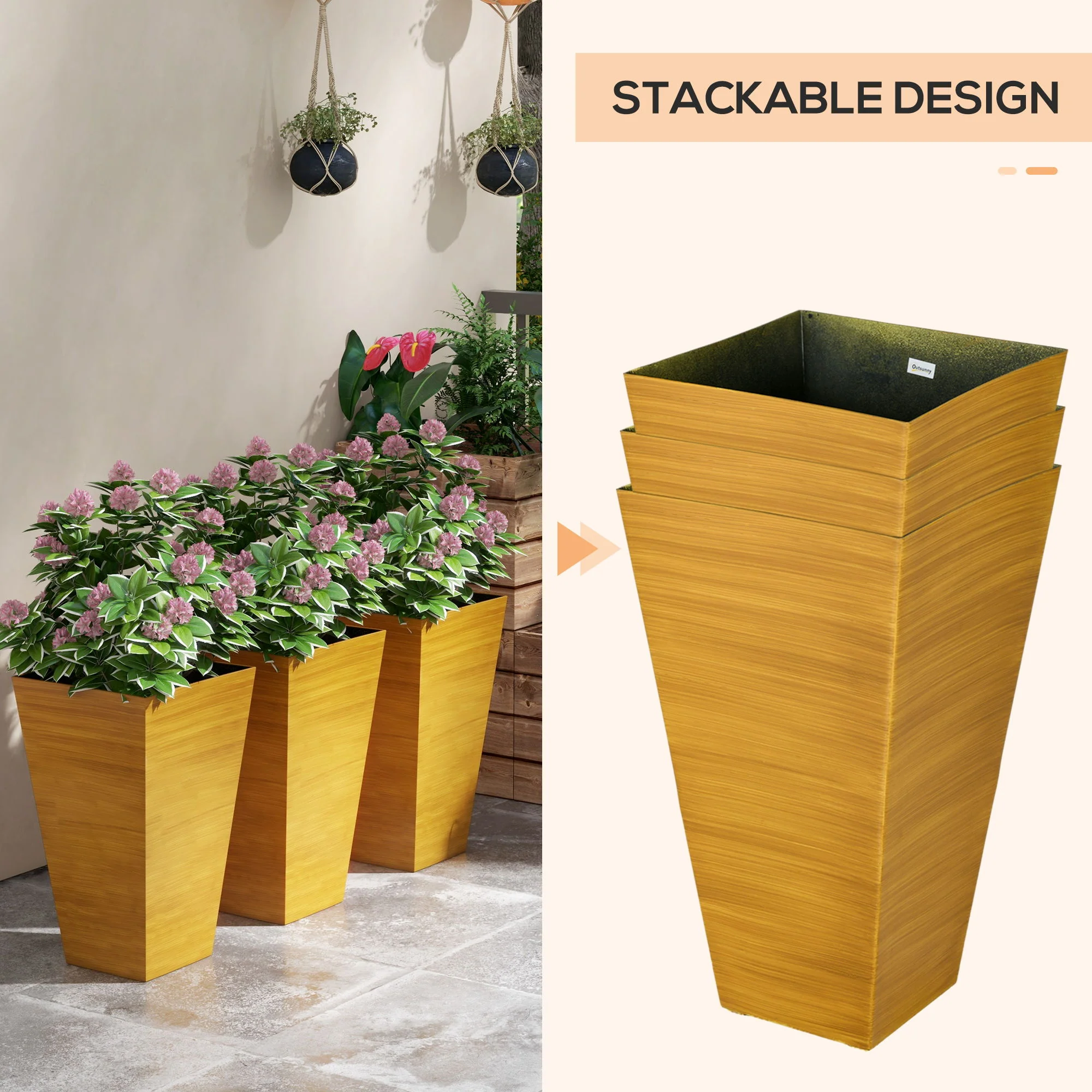 Outsunny - Outdoor Planters (Set of 3) Large Taper Planters With Drainage Holes And Plug, Faux Wood Plastic Flower Pots For Outdoor, Indoor, Garden, Patio - Image 16