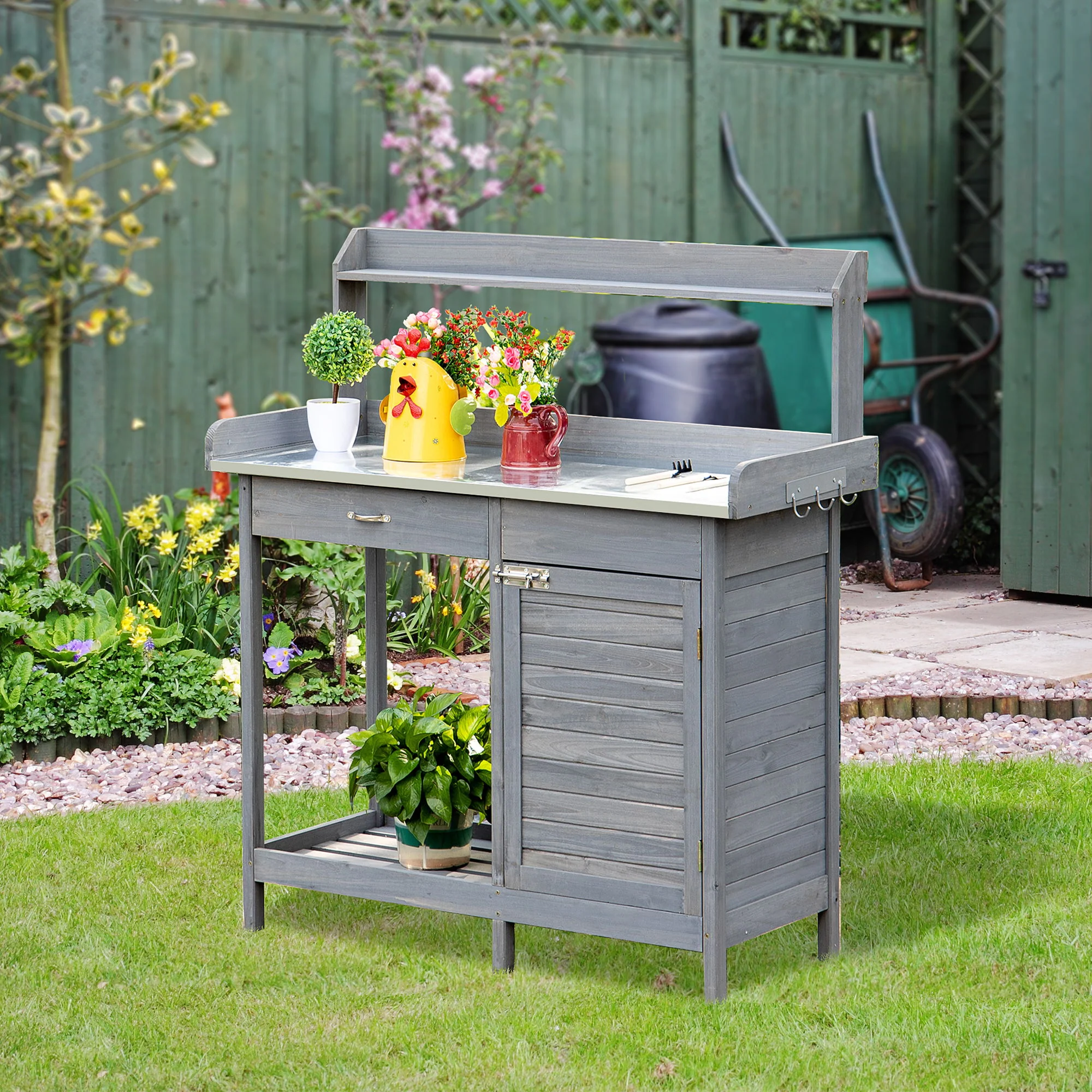 Outsunny - Outdoor Potting Bench Table, Garden Work Station With Storage Cabinet, Open Shelf And Steel Tabletop - Gray - Image 9