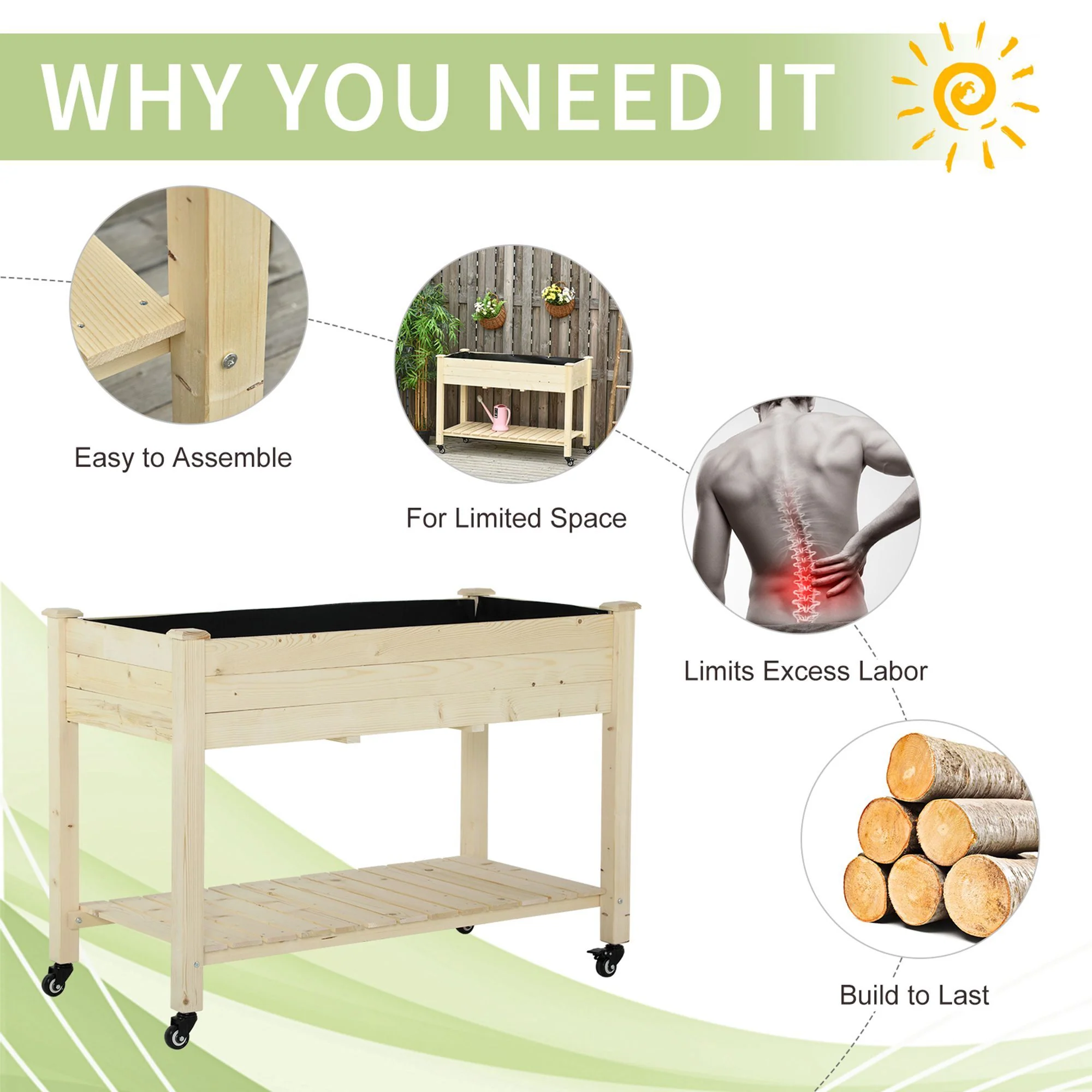 Outsunny - Raised Garden Bed, 47" x 22" x 33", Elevated Wooden Planter Box With Lockable Wheels, Storage Shelf, And Bed Liner For Backyard, Patio - Natural - Image 4