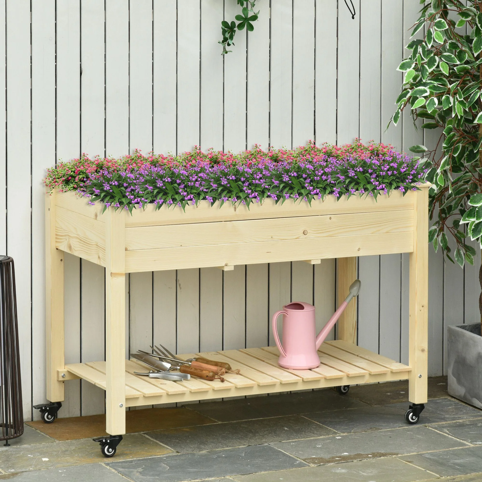 Outsunny - Raised Garden Bed, 47" x 22" x 33", Elevated Wooden Planter Box With Lockable Wheels, Storage Shelf, And Bed Liner For Backyard, Patio - Natural - Image 6