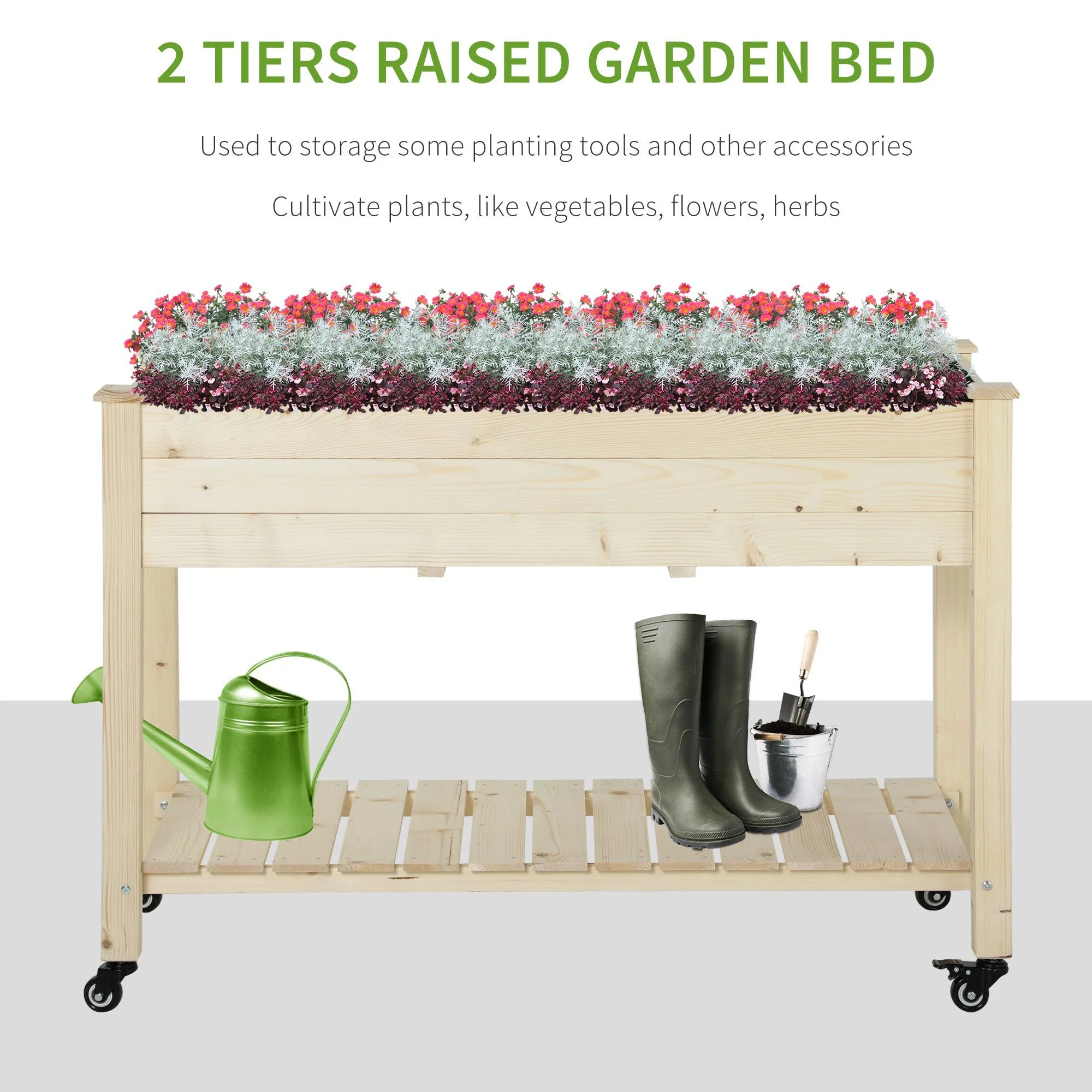 Outsunny - Raised Garden Bed, 47" x 22" x 33", Elevated Wooden Planter Box With Lockable Wheels, Storage Shelf, And Bed Liner For Backyard, Patio - Natural - Image 7