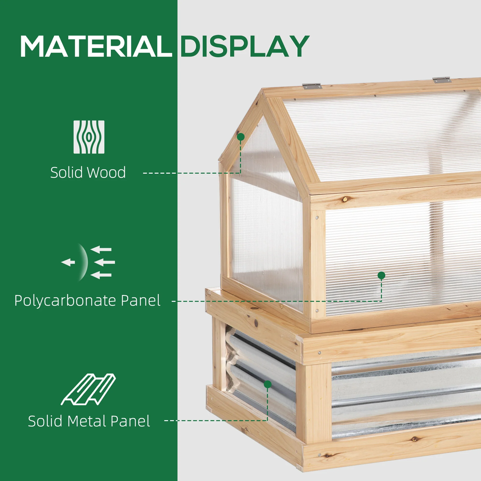 Outsunny - Raised Garden Bed With Polycarbonate Greenhouse, Wooden Garden Cold Frame Greenhouse, Flower Planter Protection, 48" x 24" x 32" - Natural - Image 6