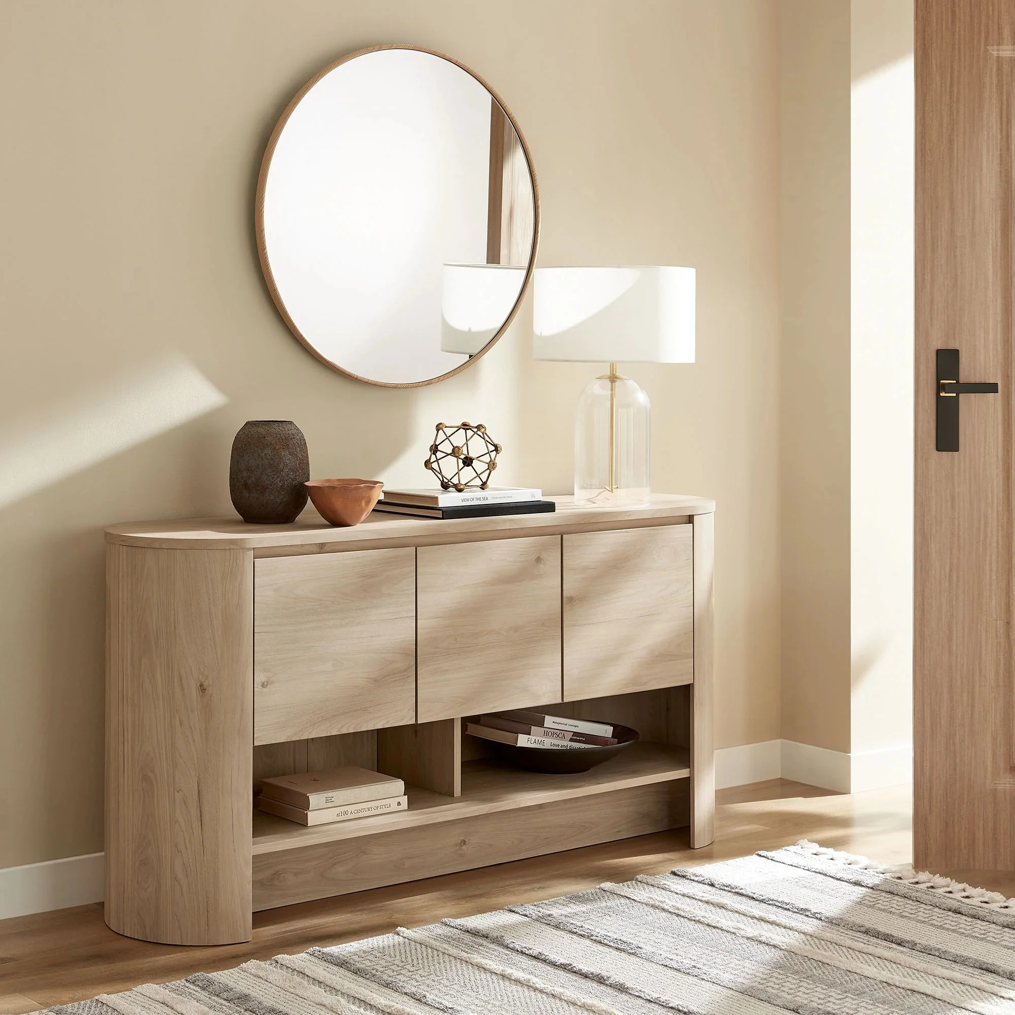 Oval Storage Sideboard Cabinet with Open Shelves – Wood Finish 62 Inch - Image 7