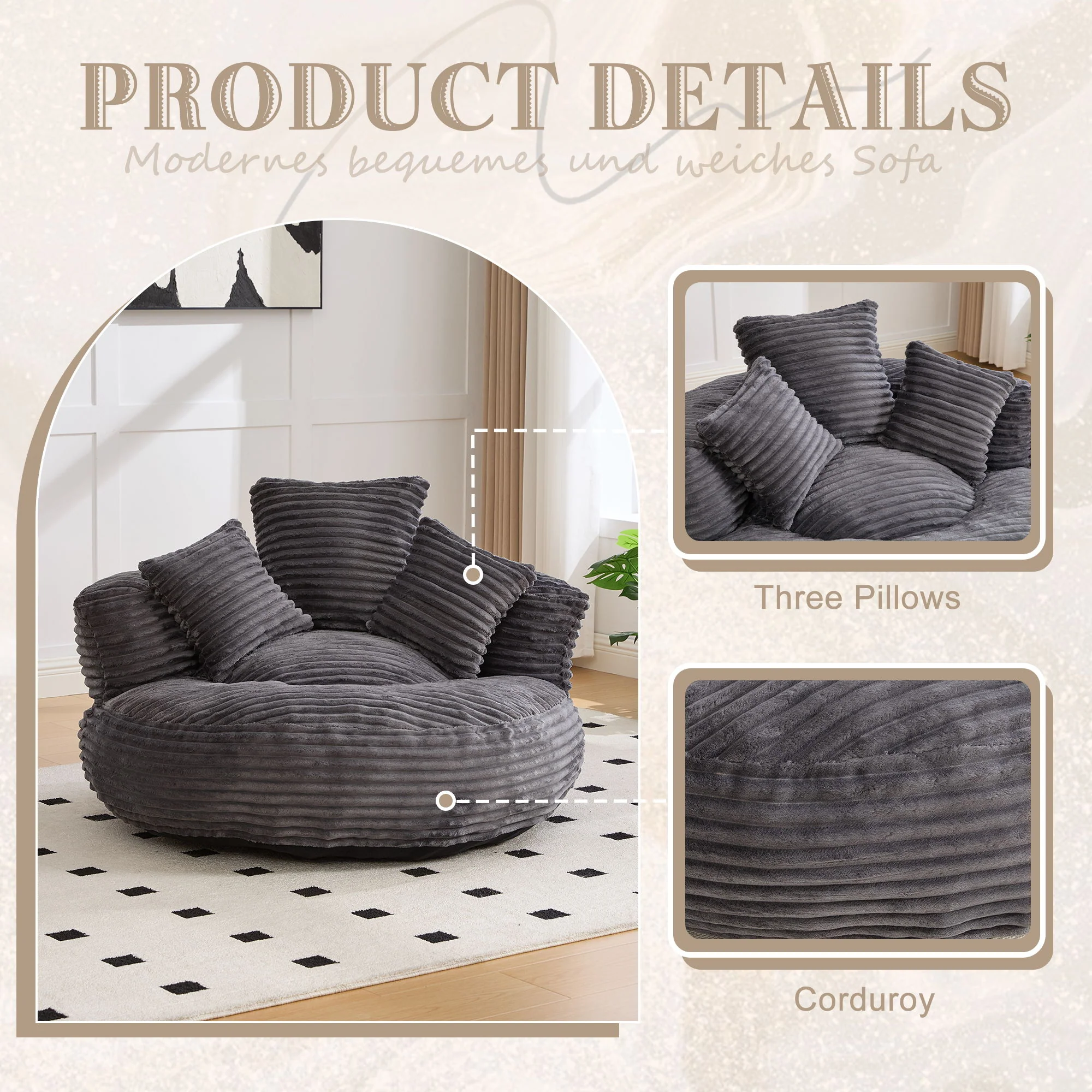 Oversized Bean Bag Chair With 3 Pillows & Armrest - Dark Gray - Image 3
