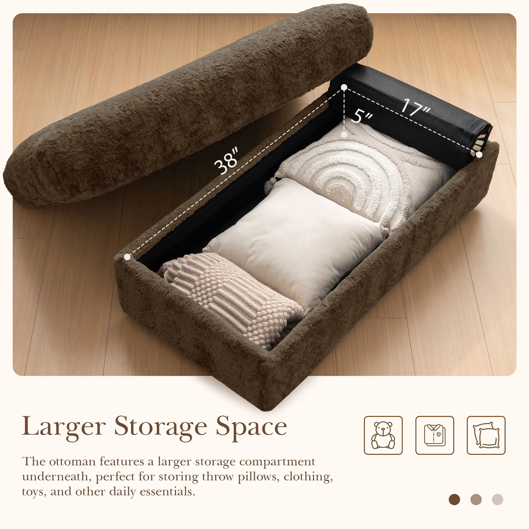 Oversized Chaise Lounge Indoor Rabbit Fur Sofa Bed With Storage Ottoman And Armrests Cup Holders With Deep Seat - Image 12