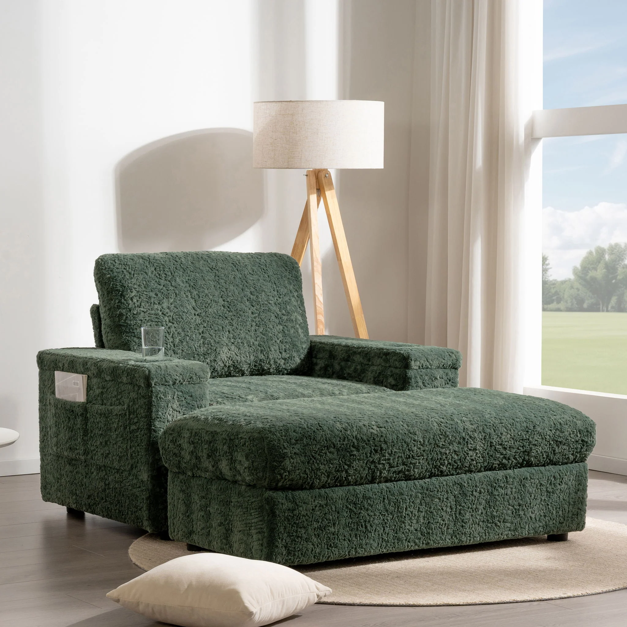 Oversized Chaise Lounge Indoor Rabbit Fur Sofa Bed With Storage Ottoman And Armrests Cup Holders With Deep Seat - Image 20