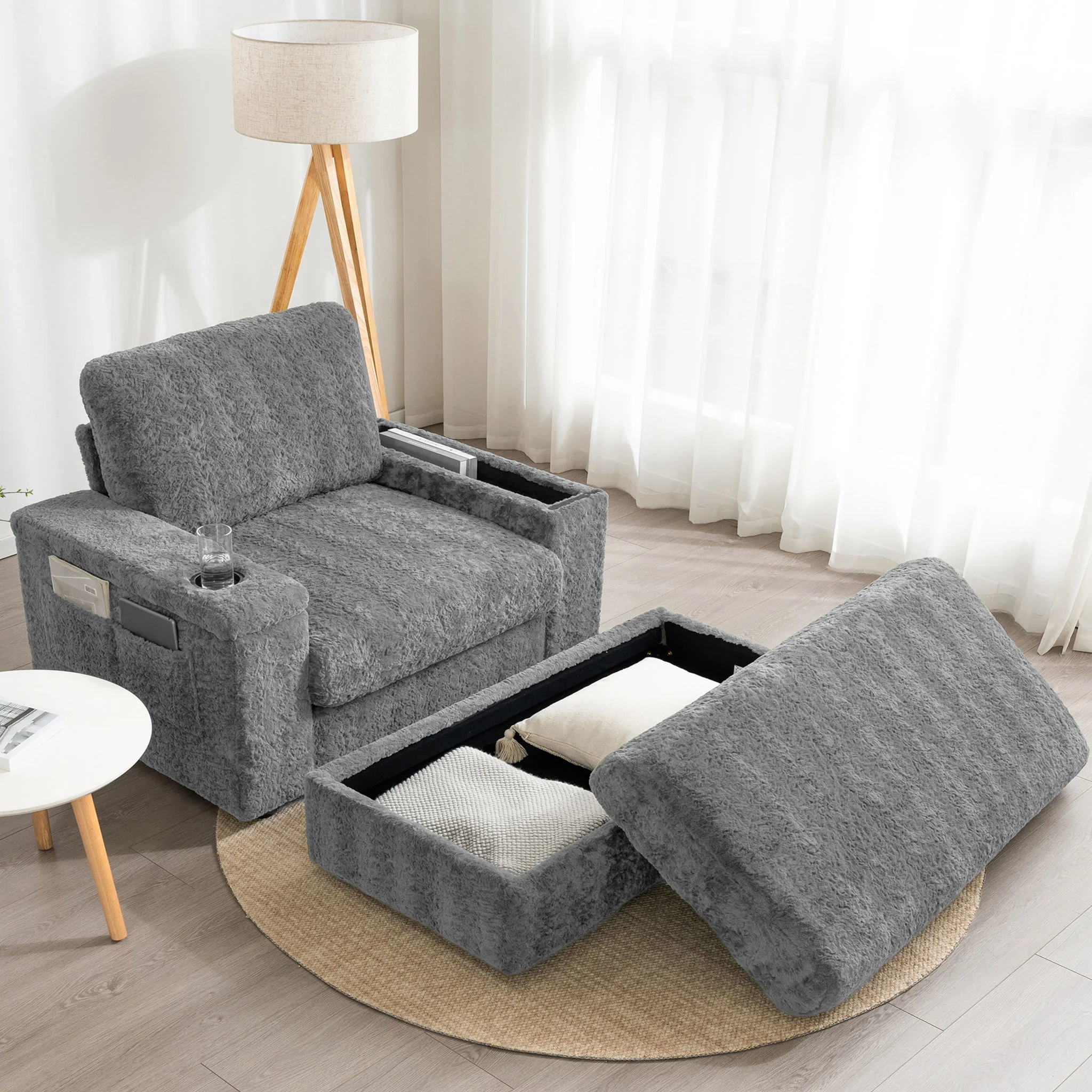 Oversized Chaise Lounge Indoor Rabbit Fur Sofa Bed With Storage Ottoman And Armrests Cup Holders With Deep Seat - Image 24