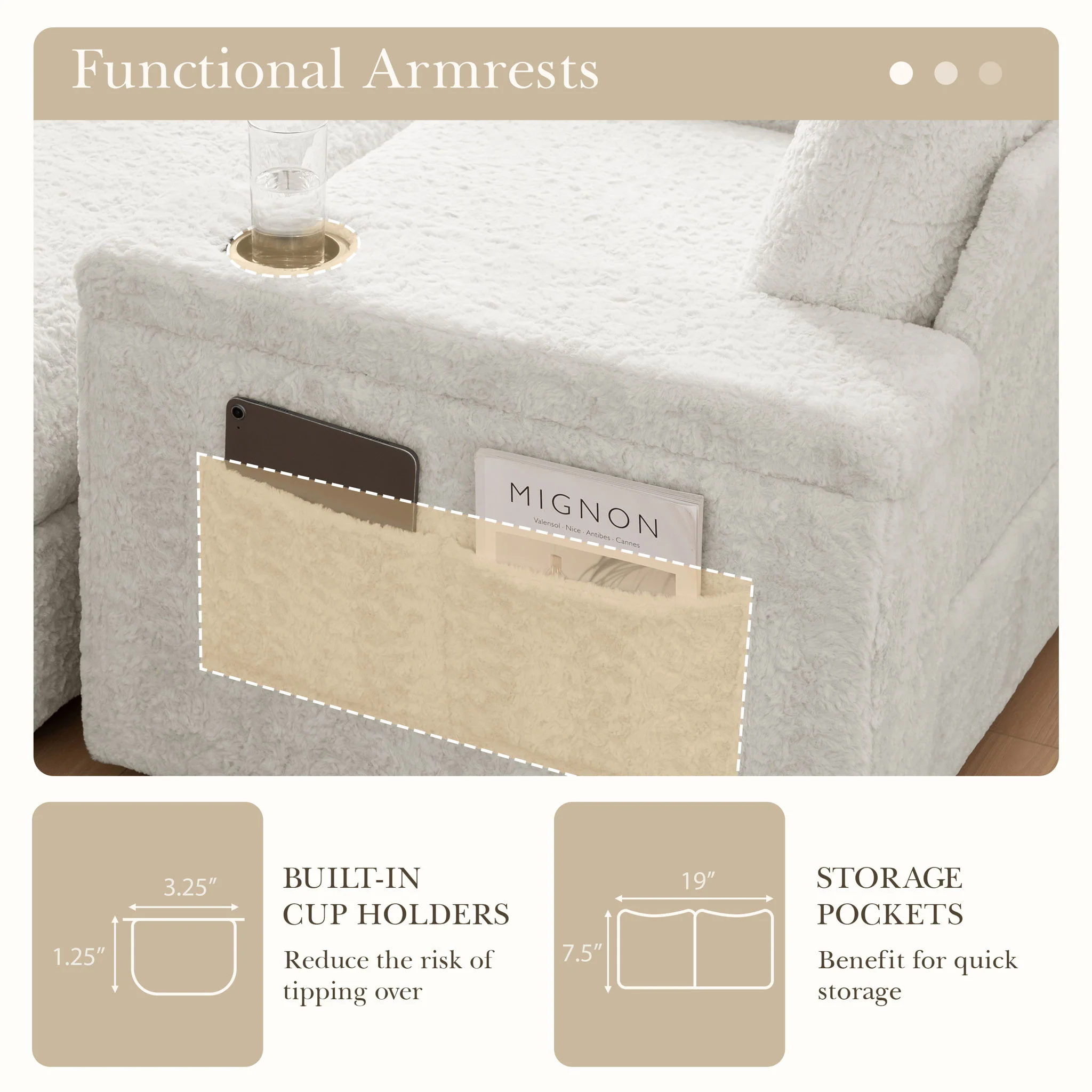Oversized Chaise Lounge Indoor Rabbit Fur Sofa Bed With Storage Ottoman And Armrests Cup Holders With Deep Seat - Image 30
