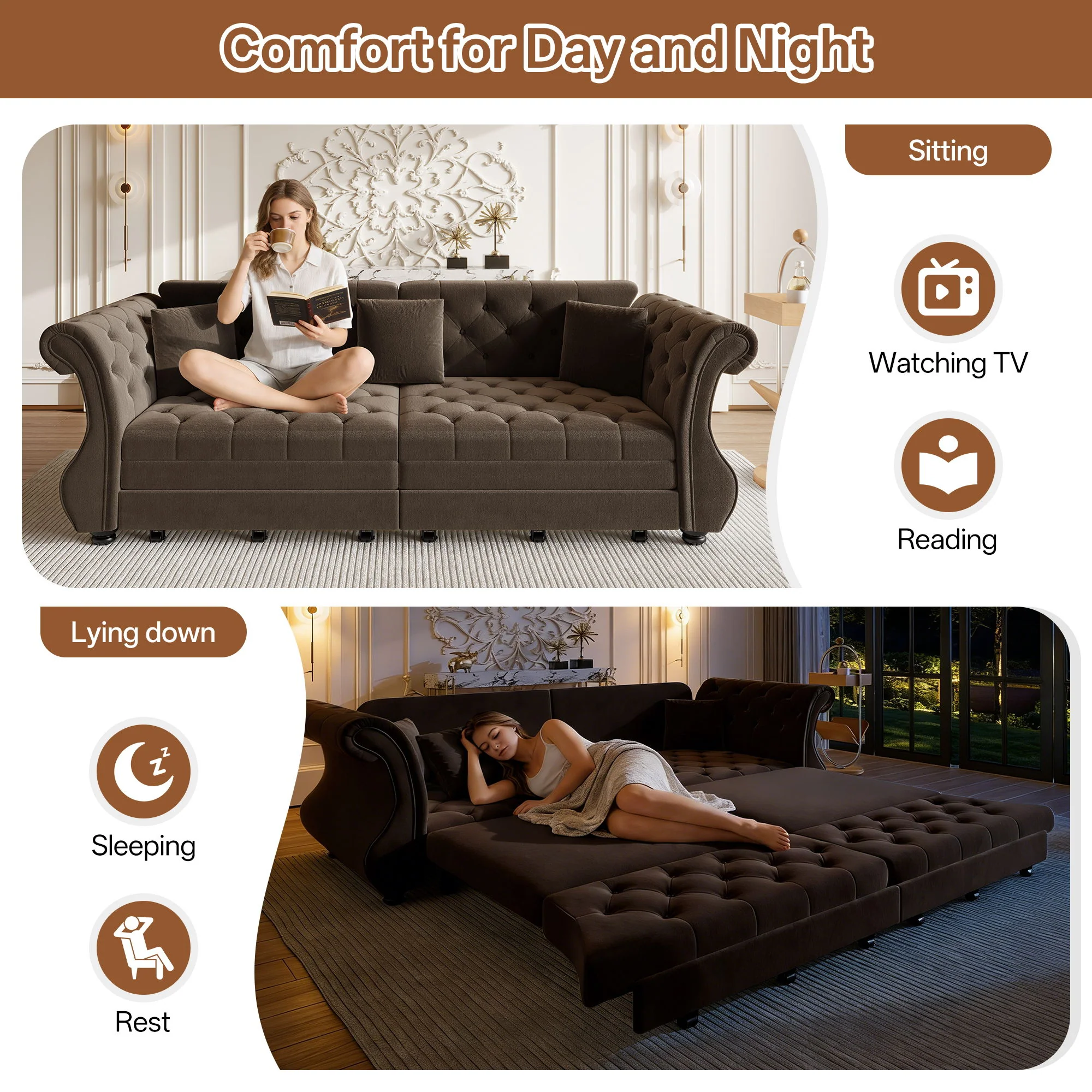 Oversized Chesterfield Pull Out Sofa Bed, Roll Arm Couch With Flower Tufting For Living Room - Image 26