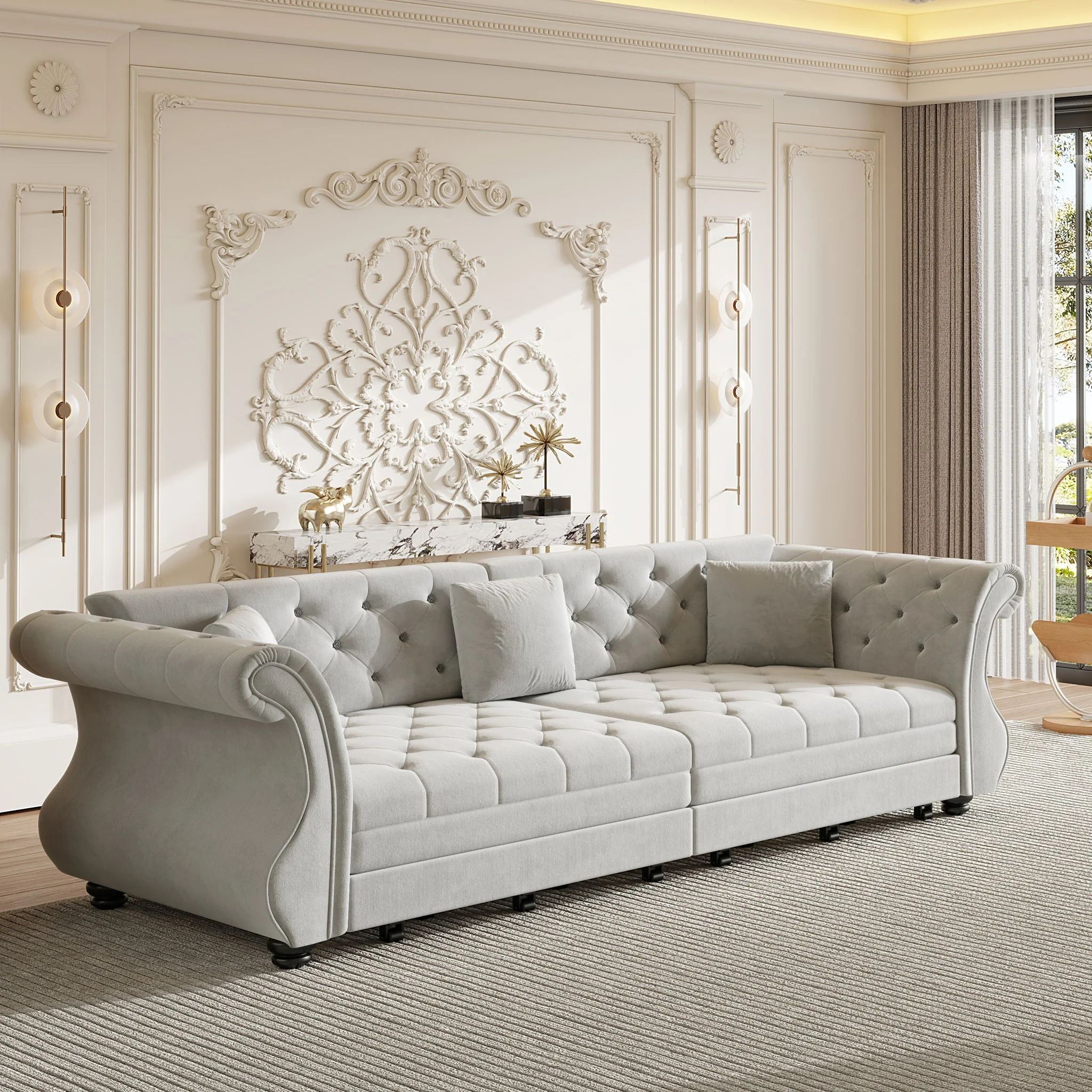Oversized Chesterfield Pull Out Sofa Bed, Roll Arm Couch With Flower Tufting For Living Room - Image 27