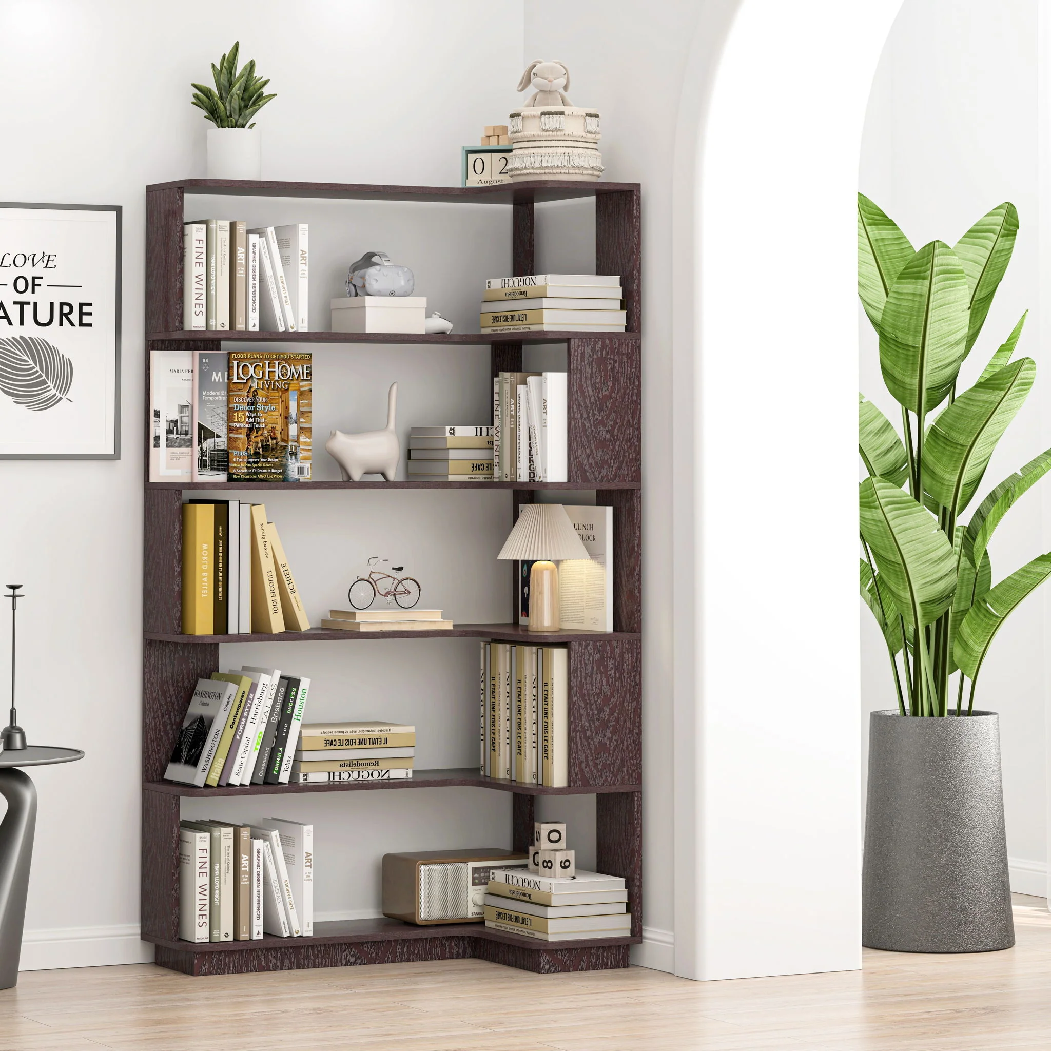 Ox Blood - Red 90Cm L-Shaped Freestanding Corner Bookshelf With Anti Tip Safety, Storage Cabinet For Living Room - Ox Blood Red - Image 7