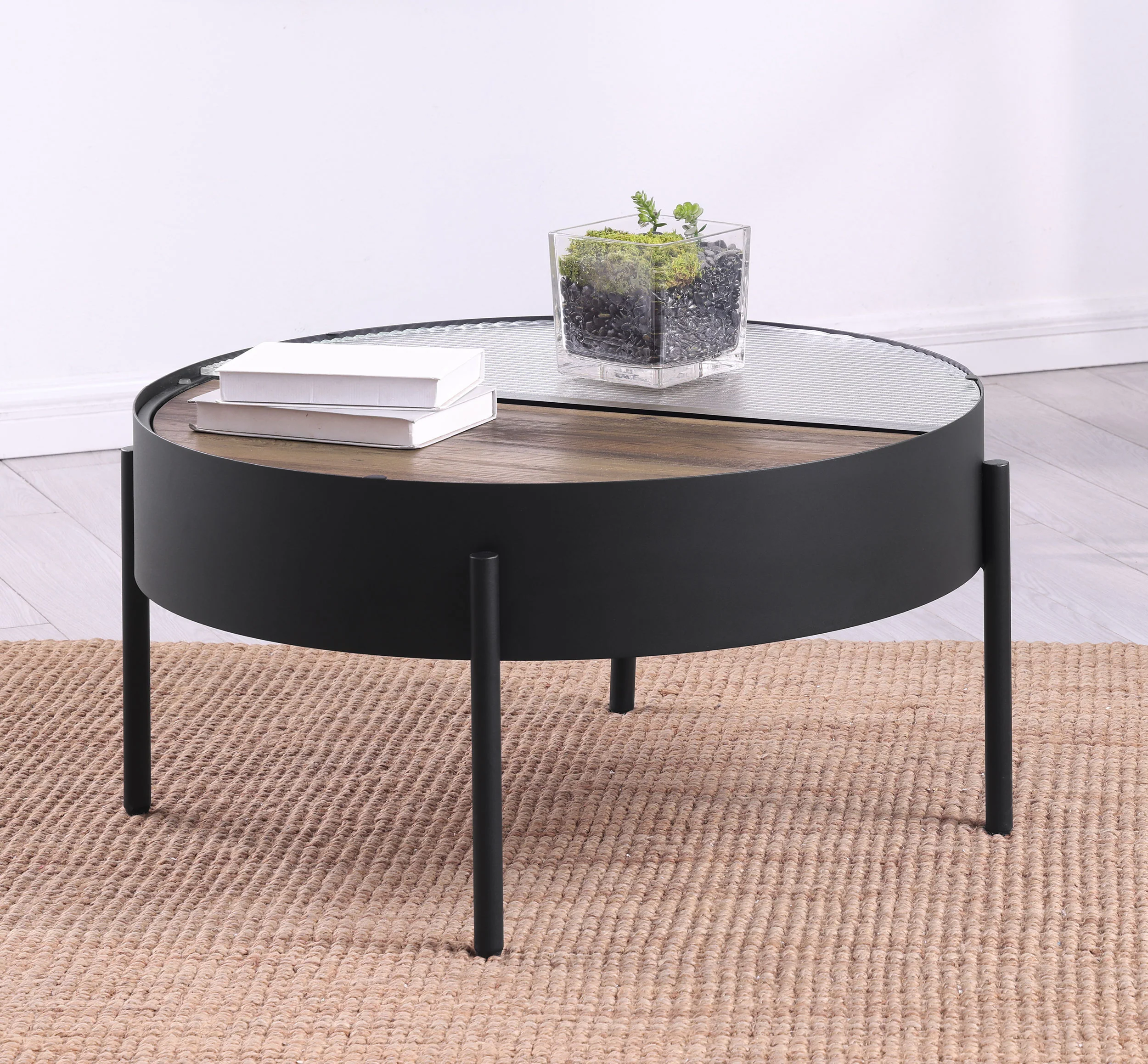 Ozella Round Coffee Table with Hidden Storage, Sandy Black - Image 2