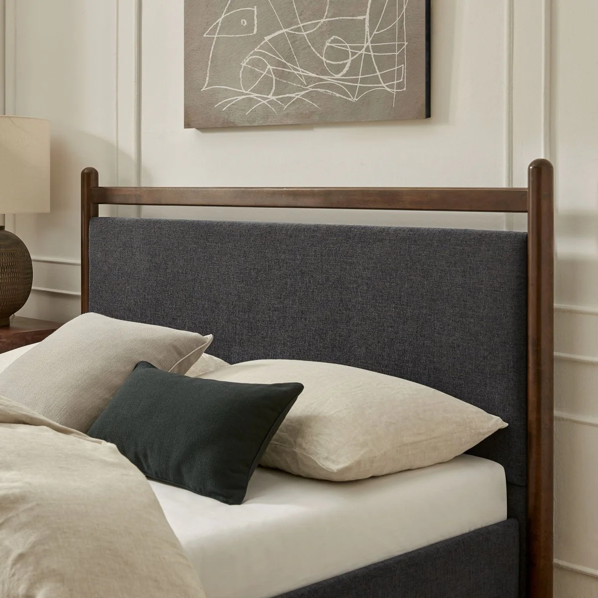 Padded Fabric Platform Bed with Light Oak Accents - Image 106