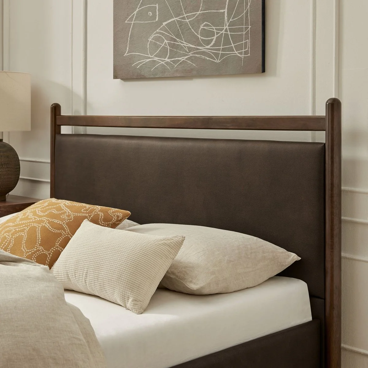 Padded Fabric Platform Bed with Light Oak Accents - Image 118
