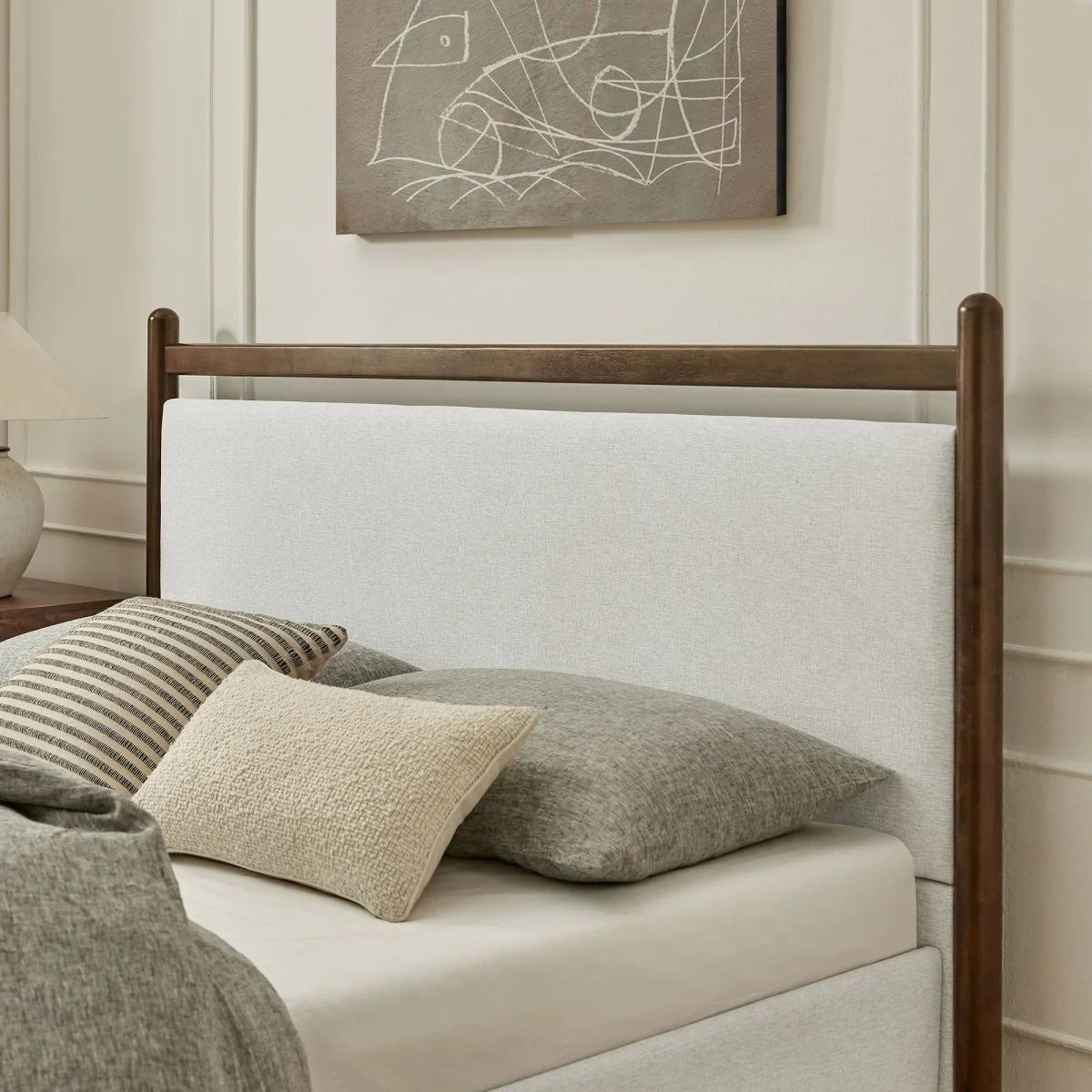 Padded Fabric Platform Bed with Light Oak Accents - Image 52