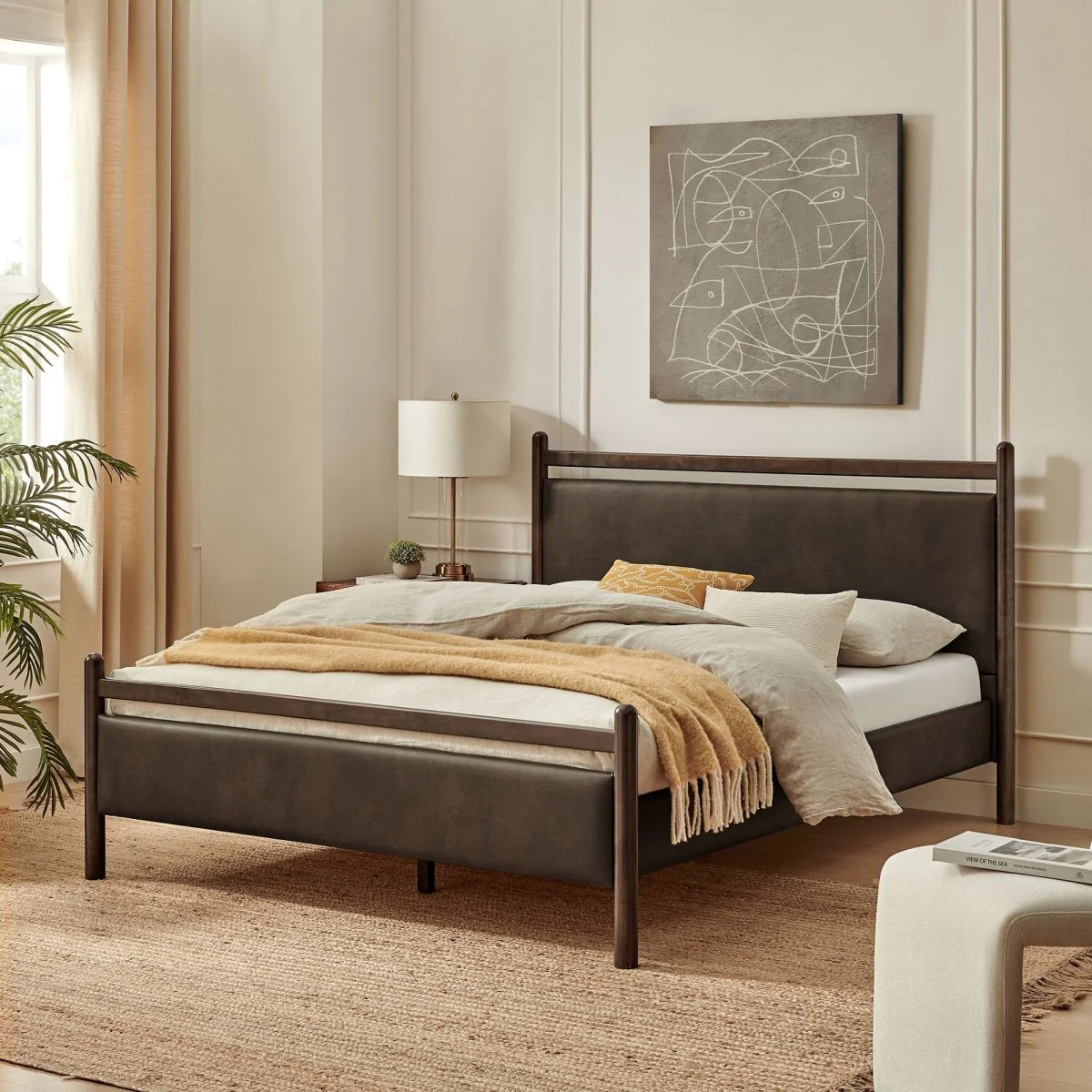 Padded Fabric Platform Bed with Light Oak Accents - Image 60