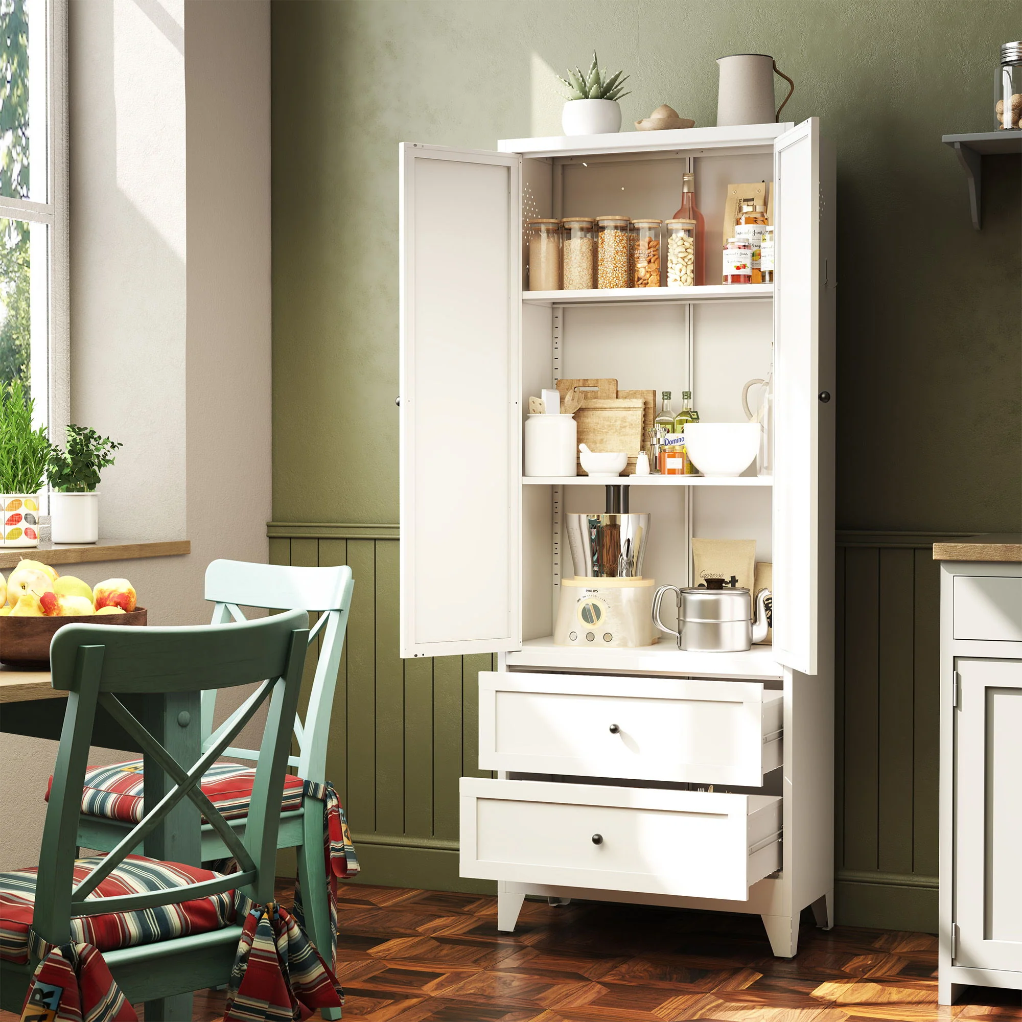 Pantry Cabinet With 2 Drawers, Freestanding Kitchen Storage Cabinet With Adjustable Shelves, Heavy-Duty Organizer For Spices, Dishware, Small Appliances - White - Image 7