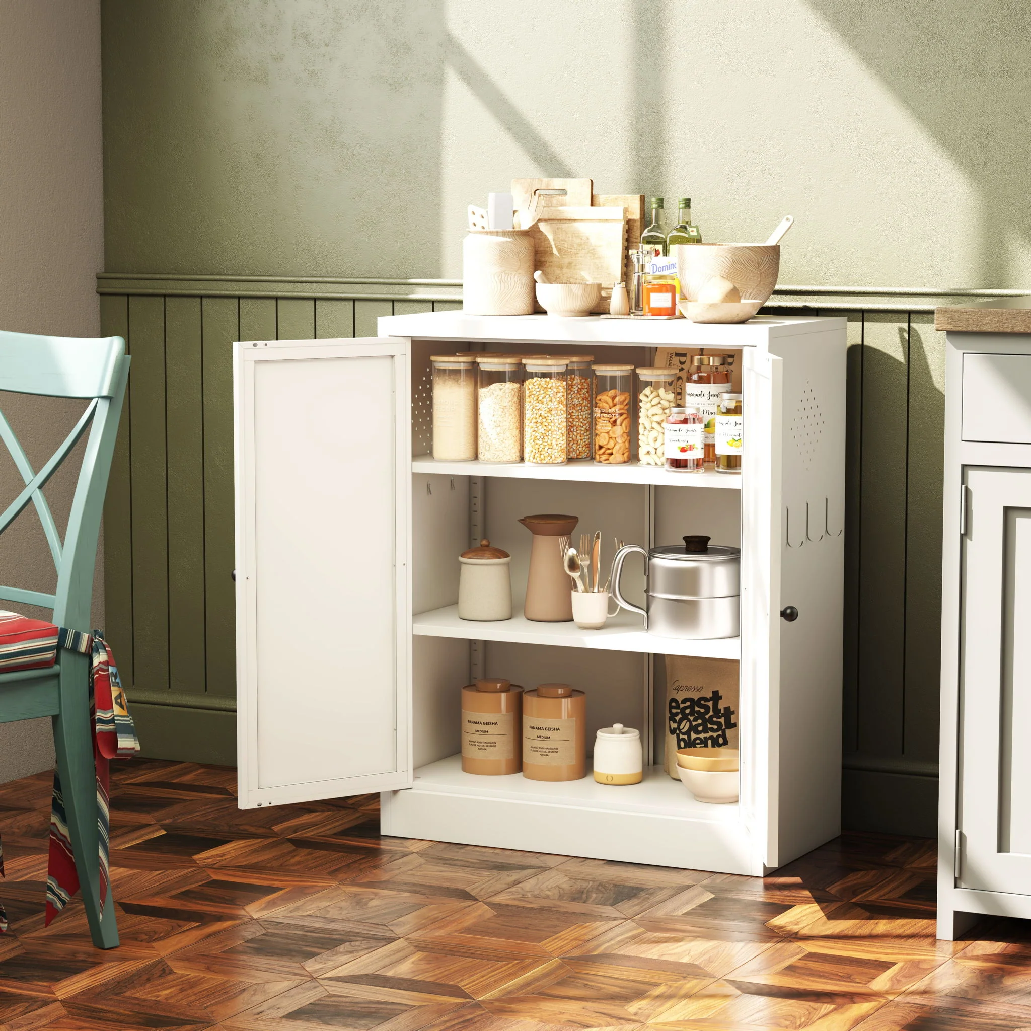 Pantry Cabinet With Adjustable Shelves Freestanding Kitchen Storage Organizer - White - Image 7