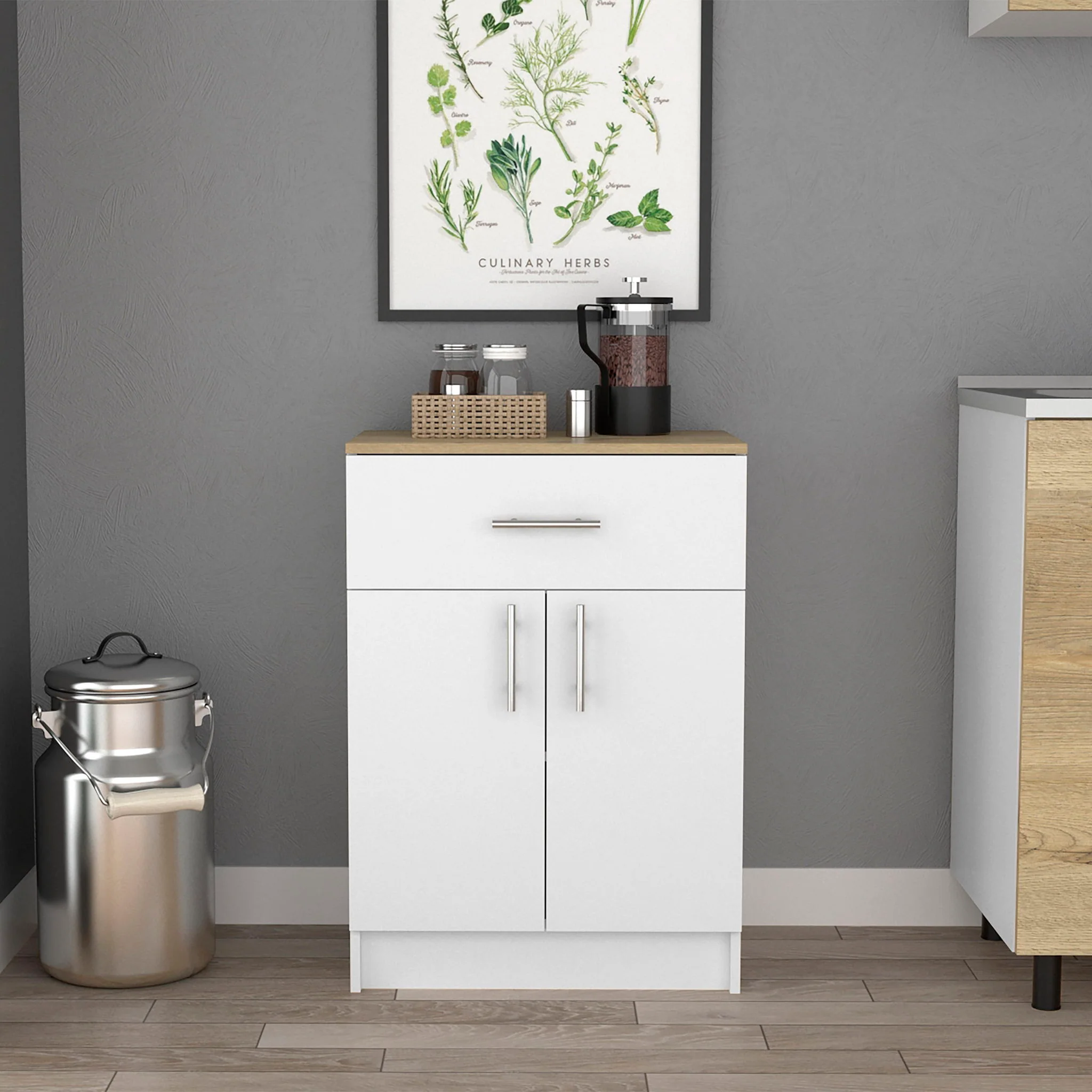 Pantry Organizer Cabinet One Drawer, Two Interior Shelves, Two Doors - White / Light Oak - Image 7
