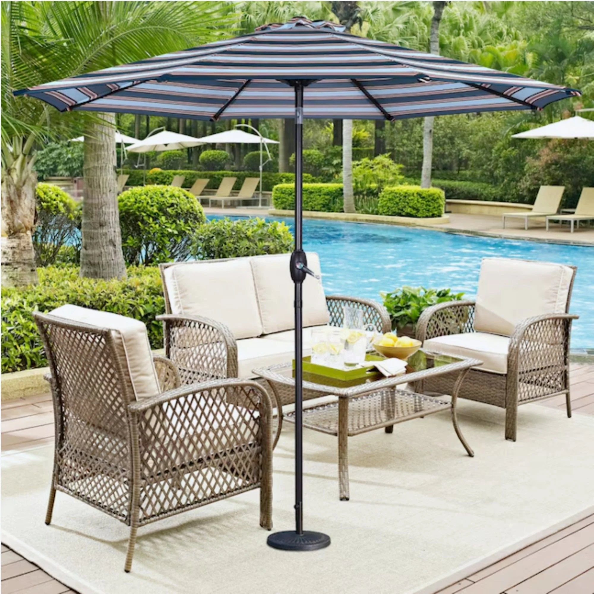 Patio Umbrella With Crank Lift & Push Button Tilt Frame, 200G / Sqm Solution Dyed Canopy - Blue Multi / Brown - Image 8