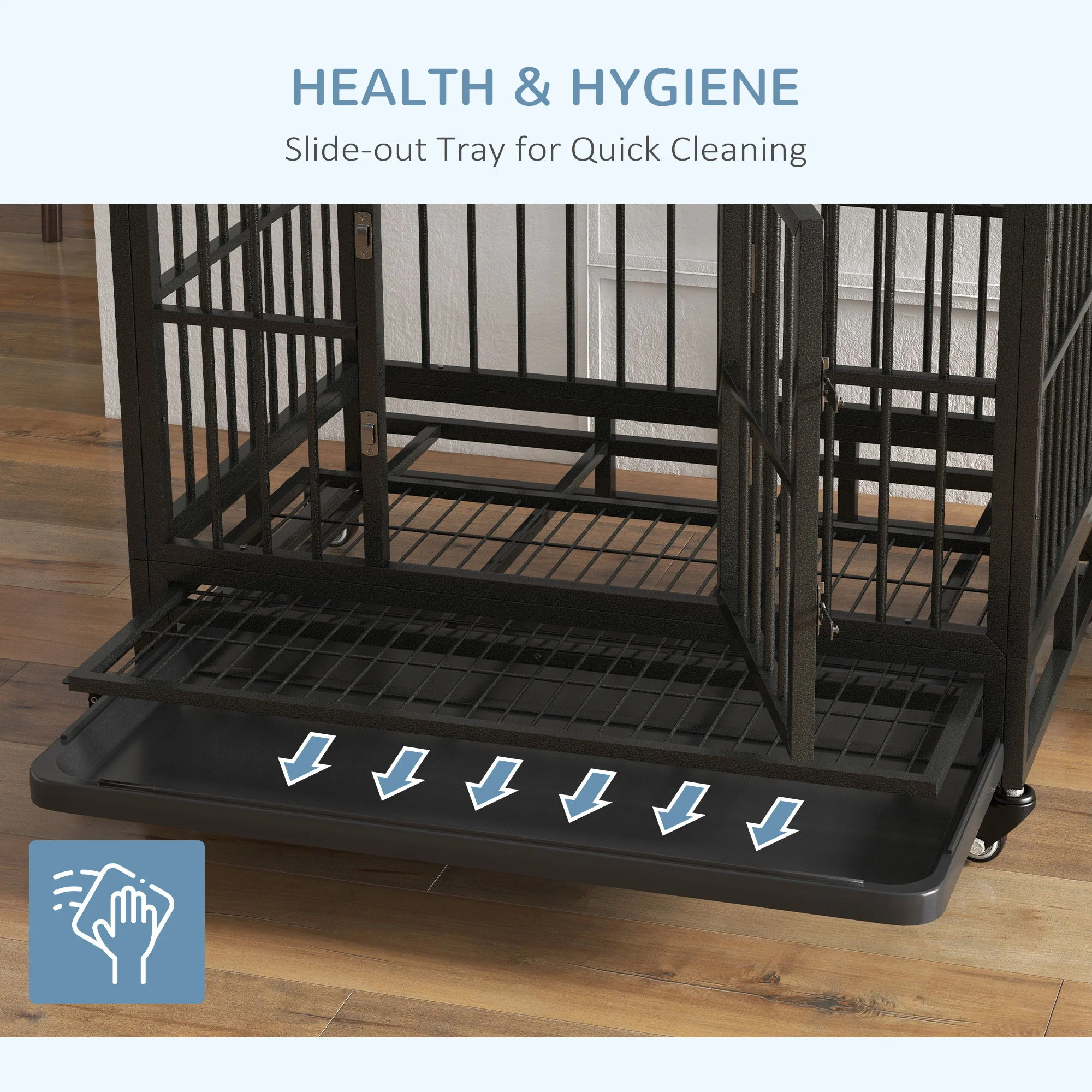 Pawhut - 36" Heavy Duty Dog Crate Metal Cage Kennel With Lockable Wheels, Double Door And Removable Tray - Gray - Image 7