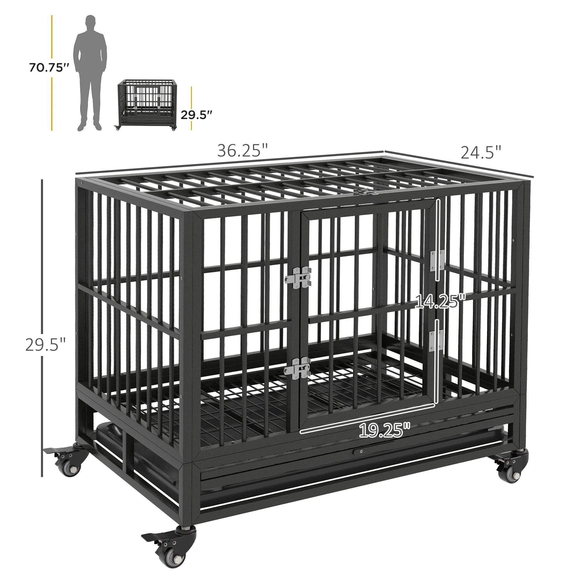 Pawhut - 36" Heavy Duty Dog Crate Metal Cage Kennel With Lockable Wheels, Double Door And Removable Tray - Gray - Image 9