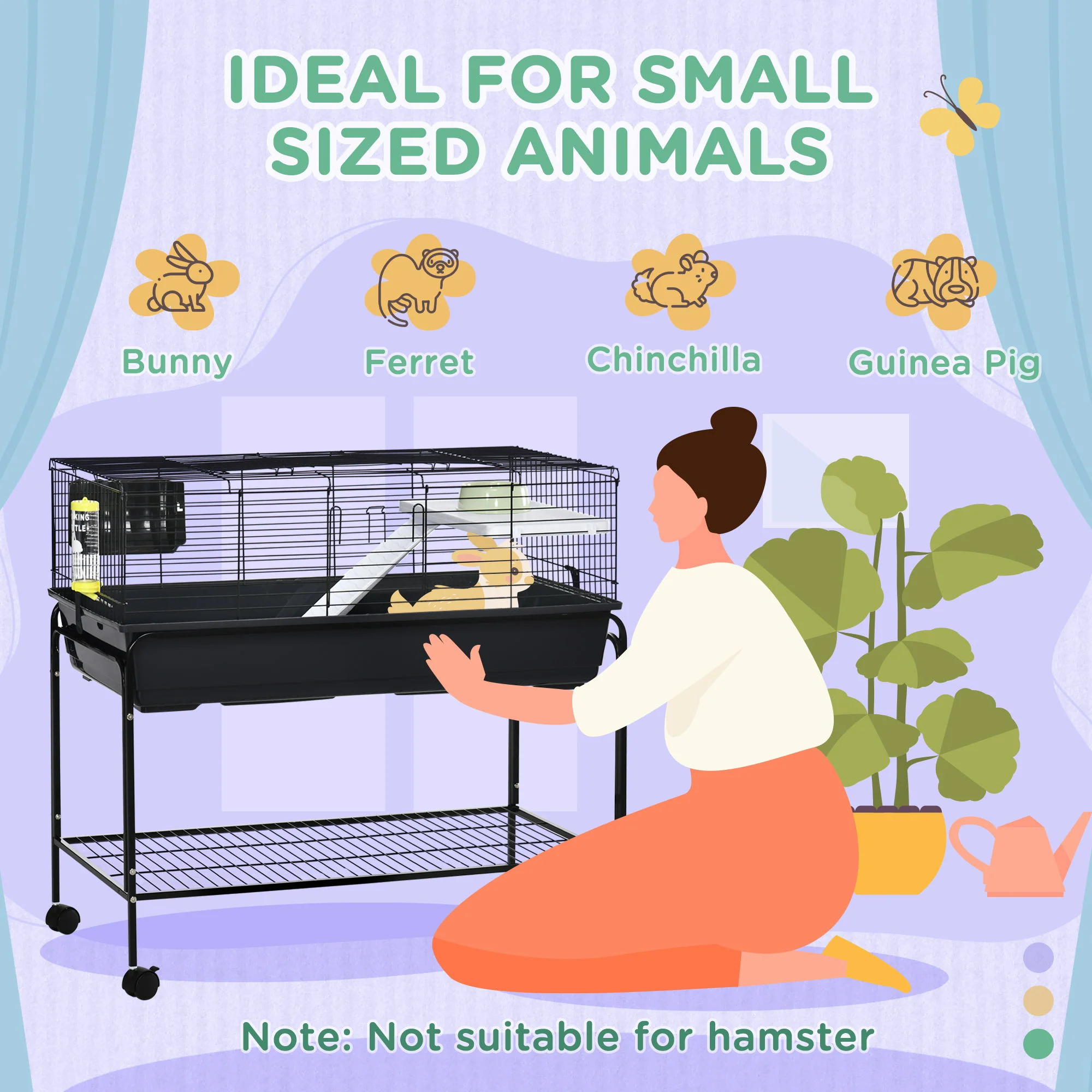 Pawhut - Two-Story Small Animal Cage Removable From Stand, Guinea Pig Cage, Hedgehog Cage, Chinchilla Cage, Ferret, With Shelf & Wheels, Pet Habitat - Black - Image 3