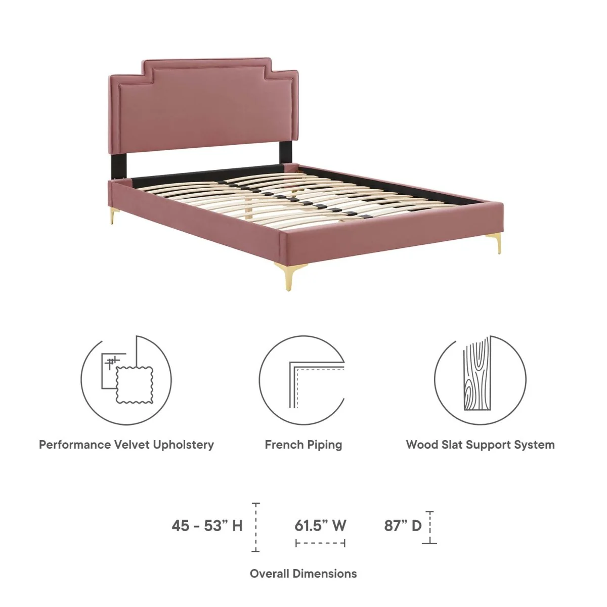 Performance Velvet King Platform Bed with French Piping and Gold Legs - Image 2