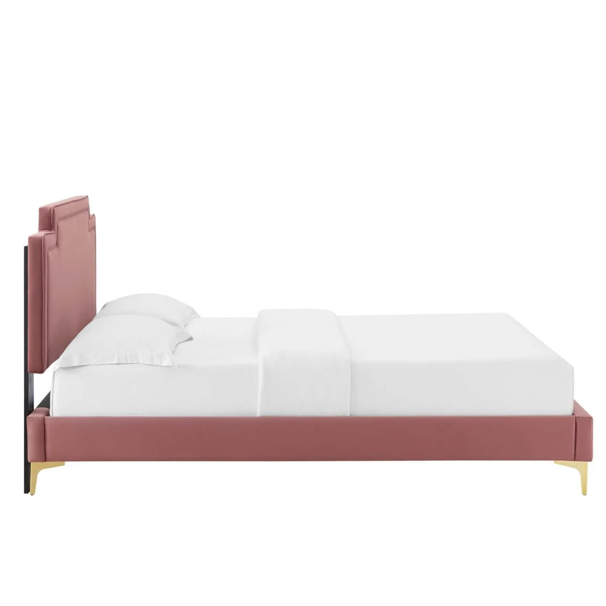 Performance Velvet King Platform Bed with French Piping and Gold Legs - Image 4