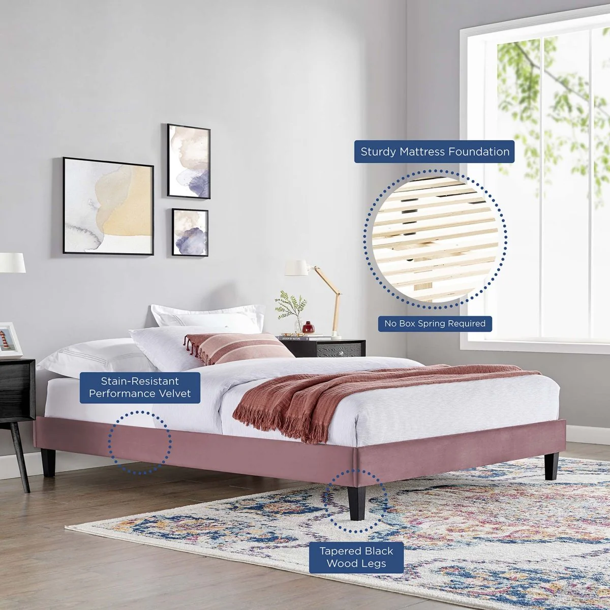 Performance Velvet King Platform Bed with Scalloped Nailhead Headboard - Image 3