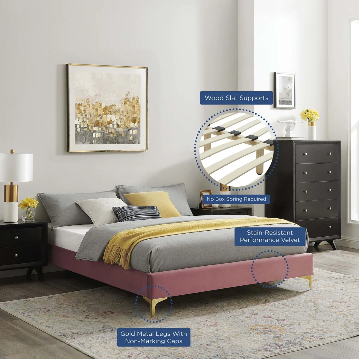 Performance Velvet Platform Bed Frame with Gold Metal Legs - Image 27